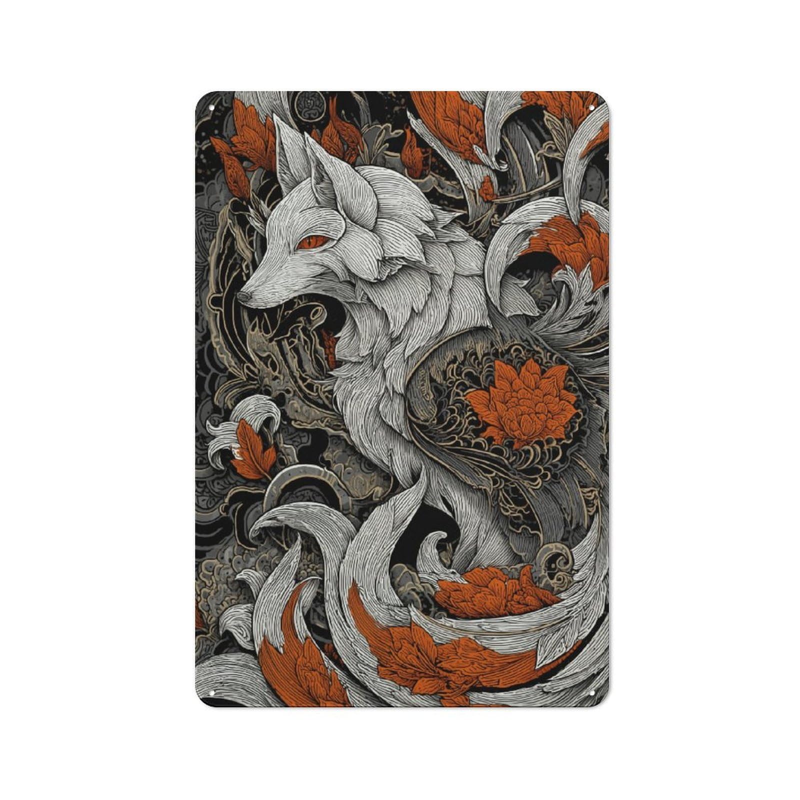 Junmoney Fox Amidst Floral Whirlwind Vintage Bistro Metal Sign 30X20cm, Bistro Wall Plaque For Takeaway, Bar, Kitchen Or Counter Area