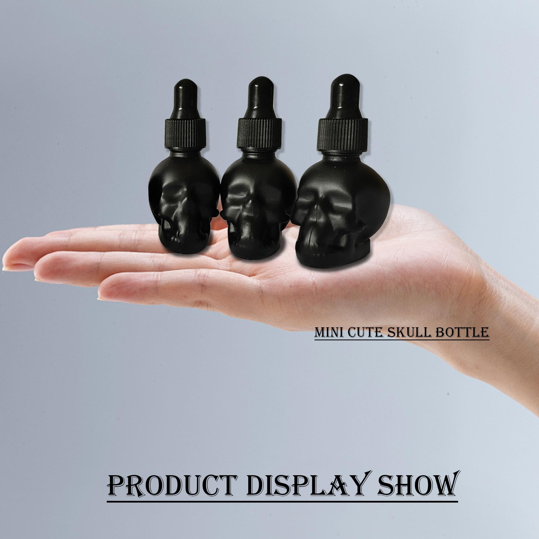 Juego de 7 botellas cuentagotas de cristal de calavera de 10 ml, a prueba de fugas, para almacenamiento y viajes (7 botellas de calavera negra)