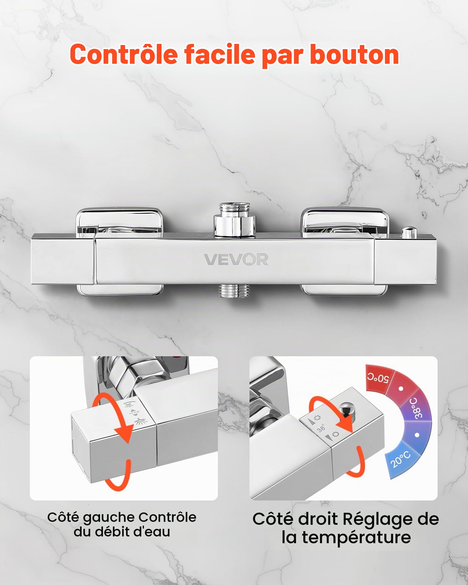 VEVOR Mitigeur Thermostatique de Douche à Verrouillage Sécurisé 38°C, Robinet de Douche Thermostatique à Eau Chaude et Froide, 2 Trous, Chrome Argenté, Vannes de Contrôle de Température, Salle de Bain