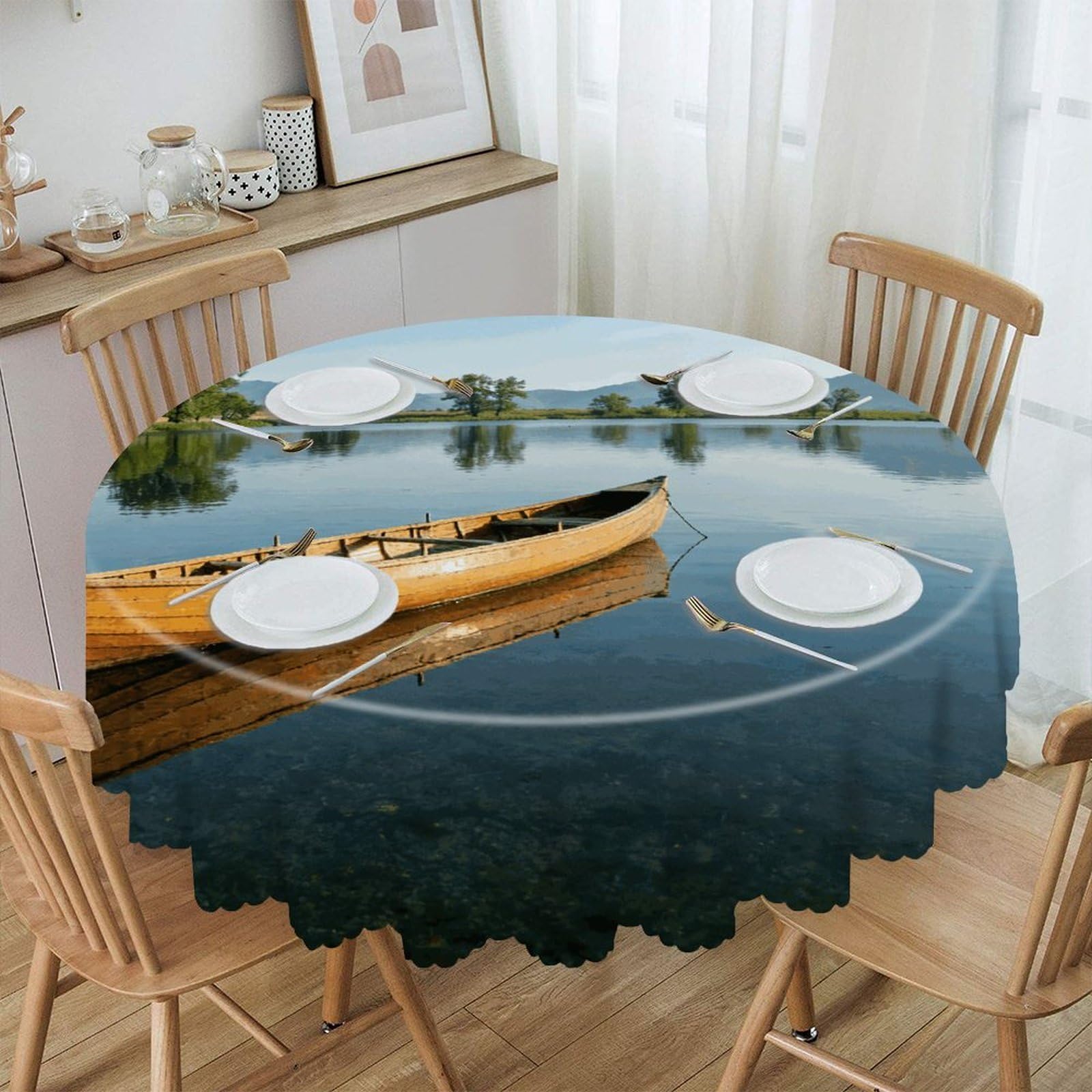 Khauerbc Style Canoe Lake Round Tablecloths,Spill Proof,Polyester Fabric Washable Table Cloth Cover For Dining Wedding And Outdoor,Soft Toching And Easy Clean