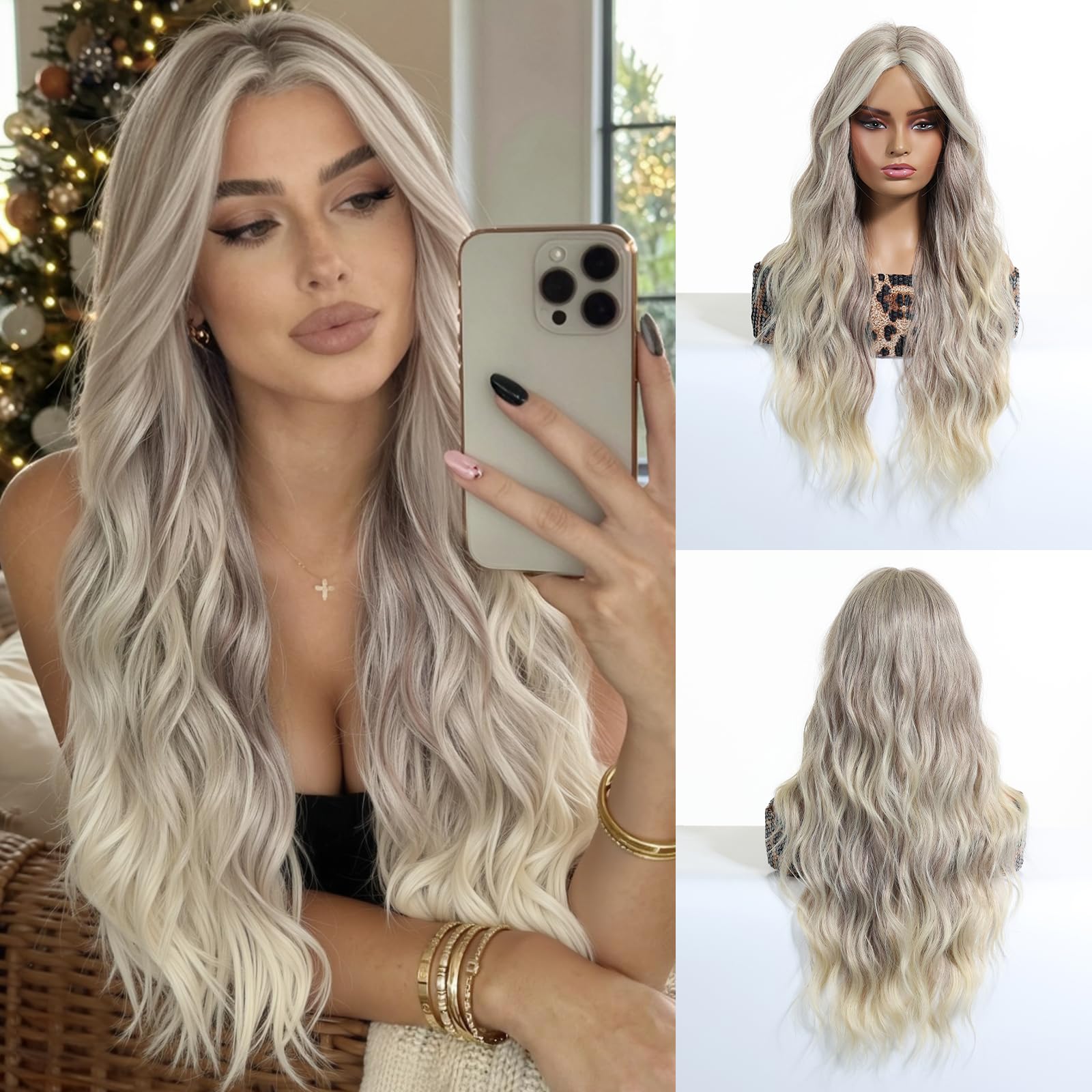 EMMOR Damen Lange Wellenperücke, Geschichtete Lockenperücke mit Mittelscheitel, 26 inches natürliche hitzebeständige synthetische Haare(Blonde & Grau Perücke)