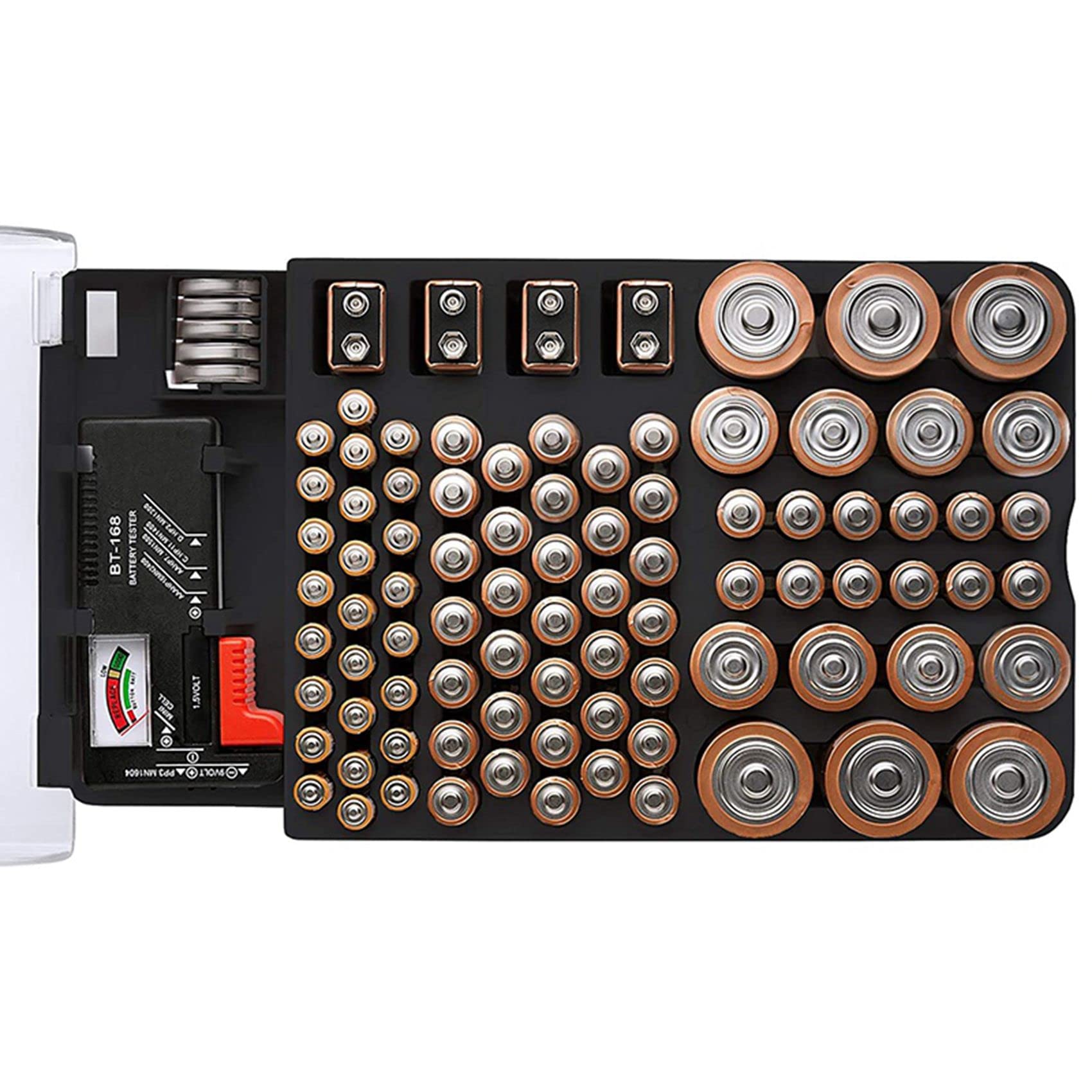 2X Le Boîtier de Rangement de la Batterie, Organisateur avec Couvercle Transparent à Charnière, avec Testeur de Batterie, Contient 93 Batteries de Différentes Tailles, Noir