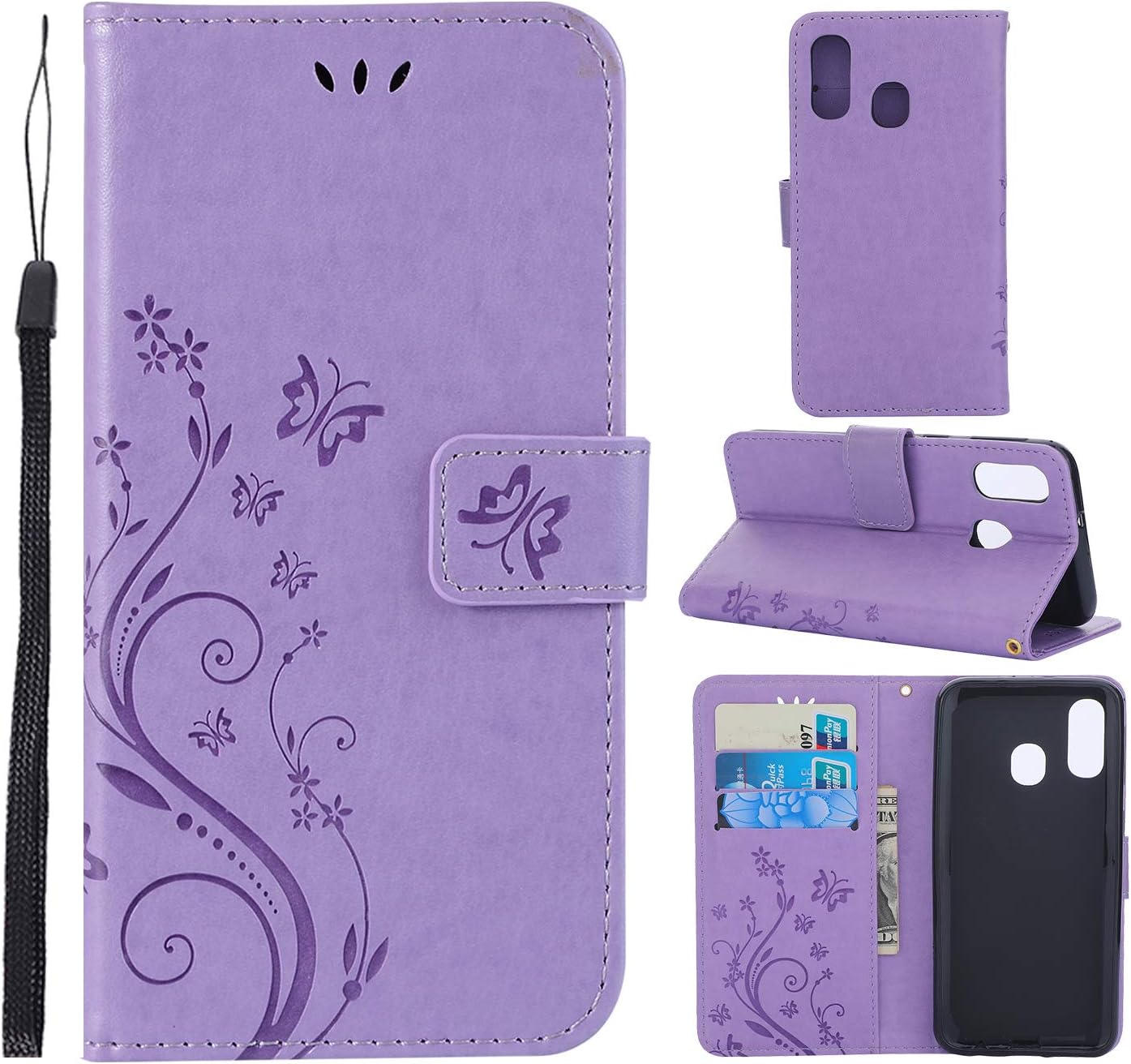 Cmid Samsung Galaxy A40 Case, PU Leather Wallet Case Flip Book Style Protective Cover [Card Slot][Kickstand][Wrist Strap] for Samsung Galaxy A40 (A-Purple)