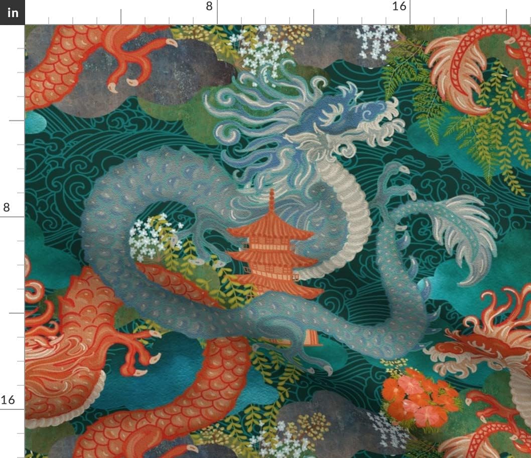 Spoonflower Fabric - Japanese Dragon Folklore Maximalist Mythical Creatures Cryptozoology Printed on Cotton Poplin Fabric by The Yard - Sewing Shirting Quilting Dresses Apparel Crafts