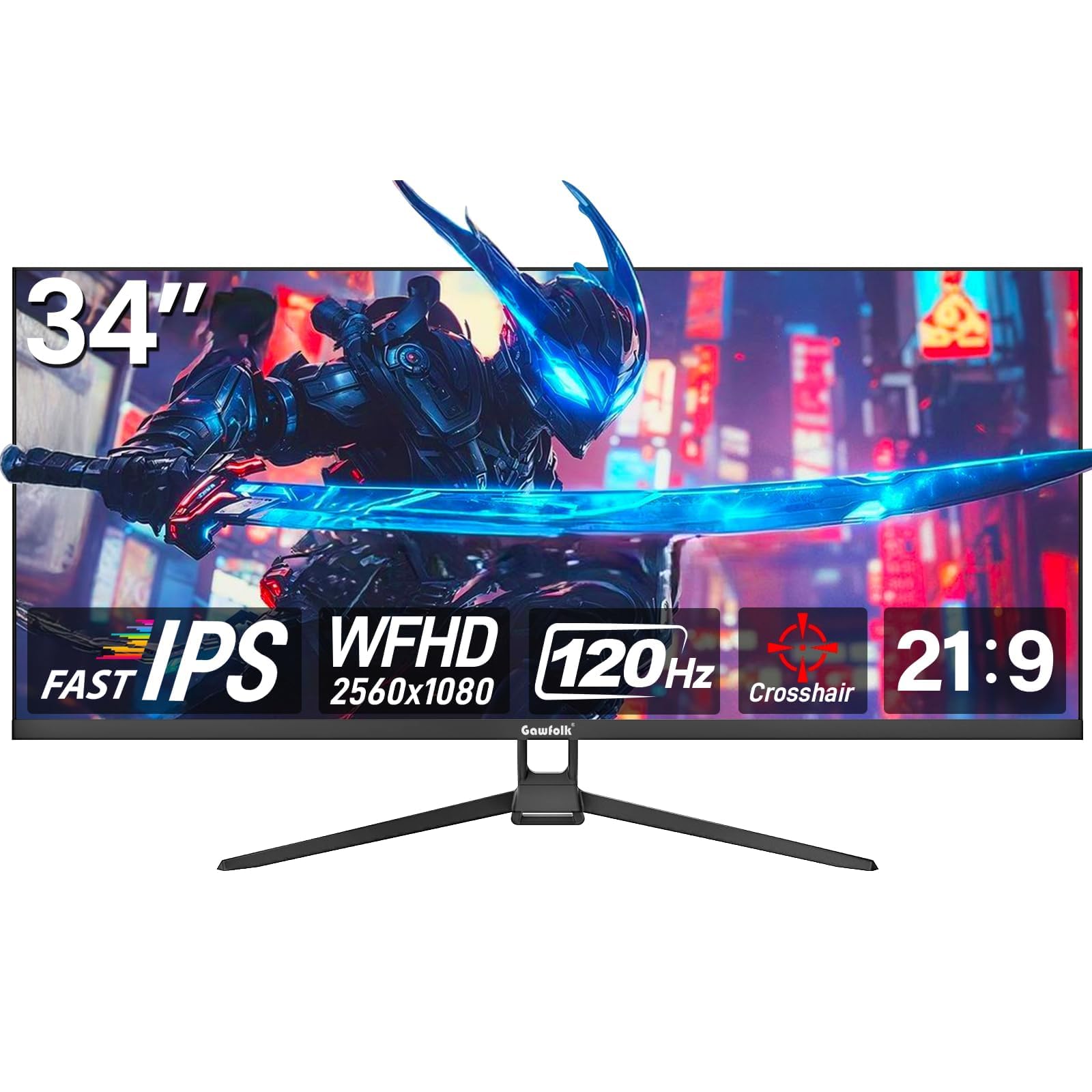 Gawfolk Monitor 34 Pollici IPS, 2560x1080 DFHD, 120Hz, FreeSync, 21:9, per PC e Video Gaming, HDMI DisplayPort, Montaggio VESA 75x75mm, Nero