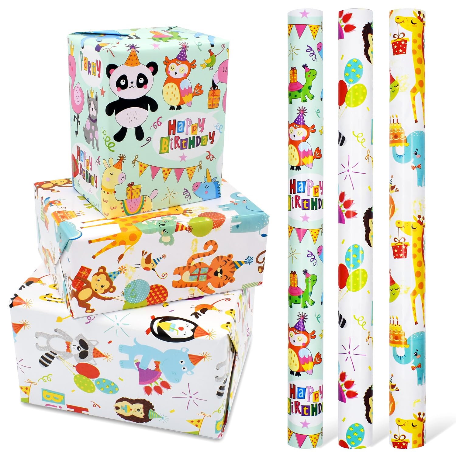3 rollos de papel de regalo de animales de 17 pulgadas x 10 pies, papel de regalo de feliz cumpleaños reutilizable para niños, niñas y niños.