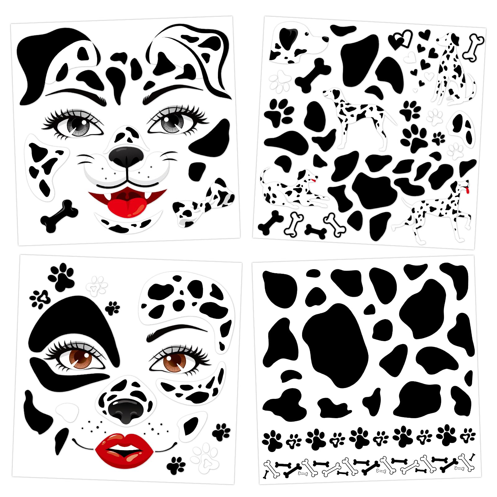 HOWAF 4 Sheets Dalmatian Face Tattoos Dalmatian Costume Supplies Temporary Tattoos Stickers for Men Women Girls Boys Halloween Puppy Dog Cosplay Facial Stickers Dog Paw Prints Tattoo