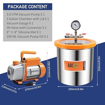 BACOENG 3 Gallon Tempered Glass Lid Vacuum Chamber with Pump, Stainless Steel Degassing Chamber Kit for Resin, Silicone, Epoxies, Stabilizing Wood and Fishing Baits