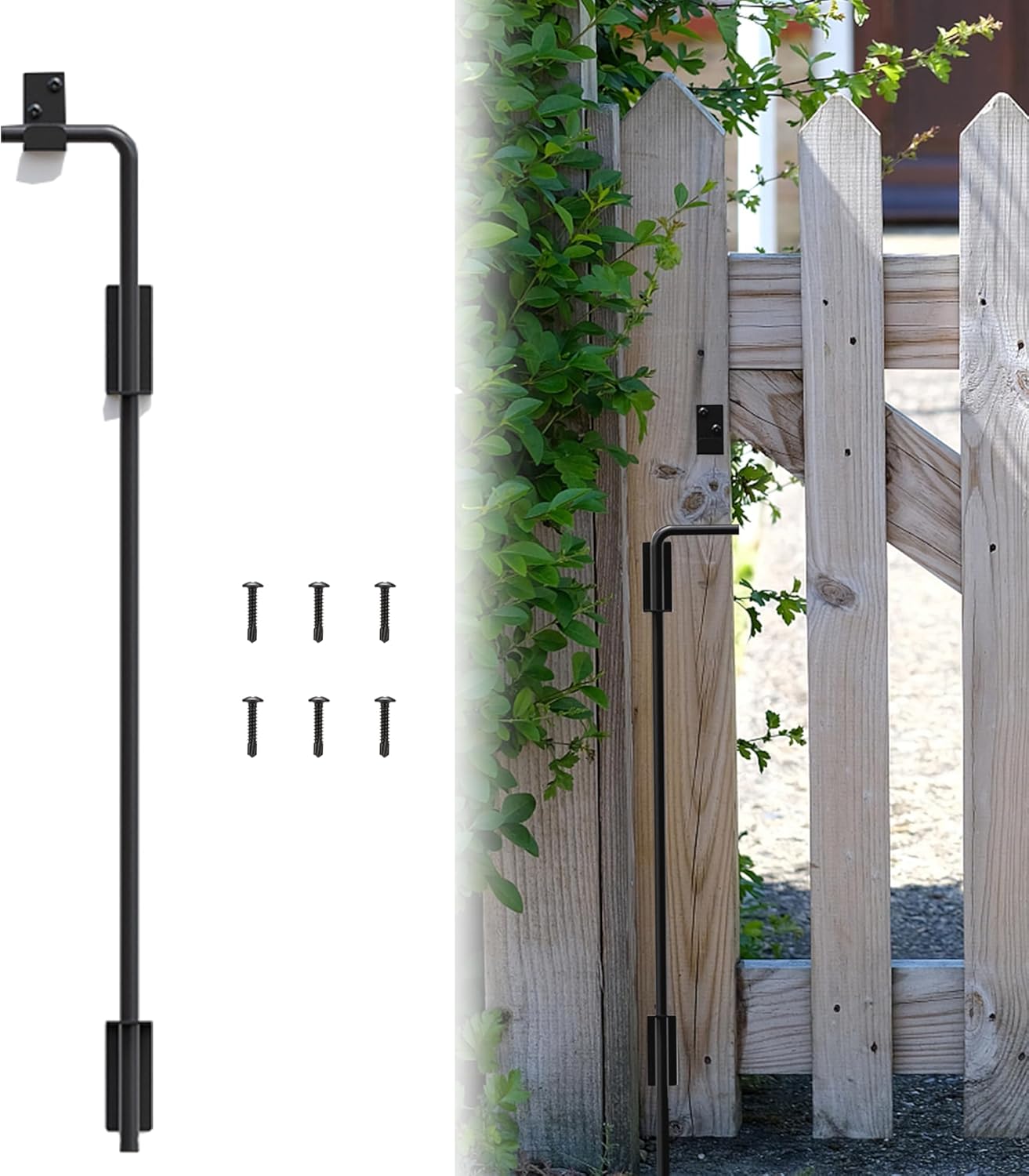 24 inch Gate Drop Rod, Cane Bolt for Wooden Fences Metal Gates, Bolt Gate Ground Latch for Double Doors or Vinyl Fence Gates, Heavy Duty Gate Ground Stopper Hardware, Black Finish (1 Pack)