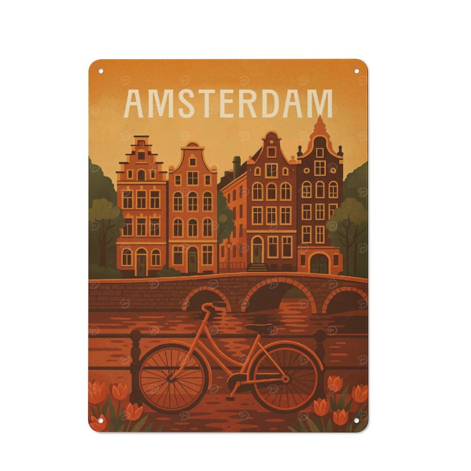 Junmoney Style-21 Retro Metal Wall Plaque 40X30cm Featuring Amsterdam Travel, Room Wall Plaque For Hallway, Home Bar, Garage Or Study