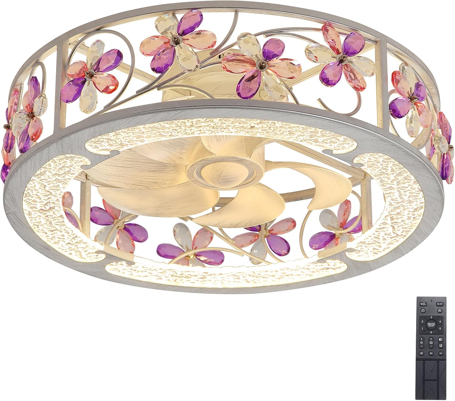 20 Inch Low Profile Caged Ceiling Fan with Light, Flower Chandelier Flush Mount Ceiling Lights Remote Control,Crystal Fandelier Bladeless 6 Speeds for Girl's Bedroom, Living Room,Hand Painted White