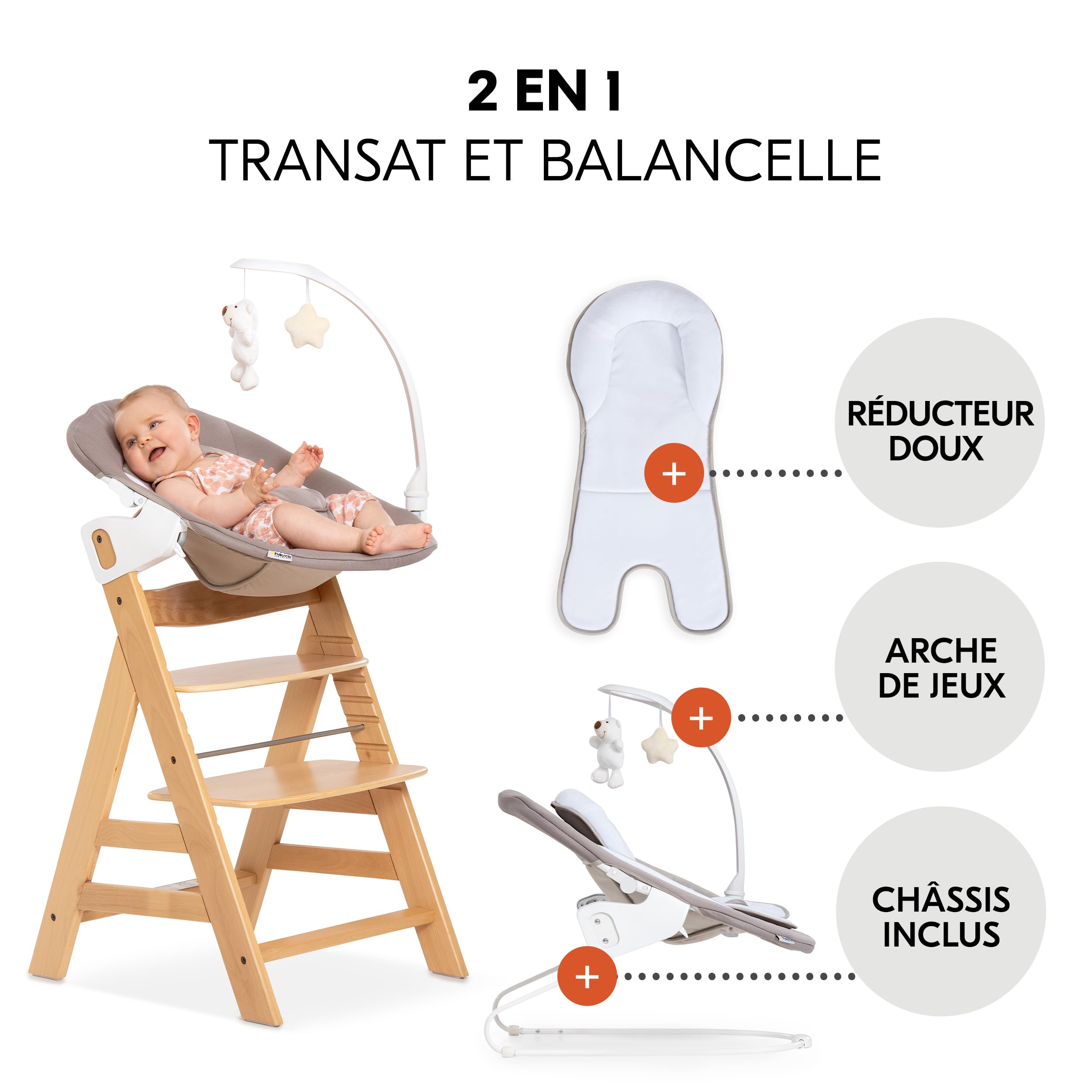 hauck Chaise Haute Bébé Alpha+ avec Siège Nouveau-né Deluxe - Natural | Chaise haute évolutive en bois, de la naissance à 90 kg, inclus assise avec arche éveil bébé, coussin, idéal pour repas