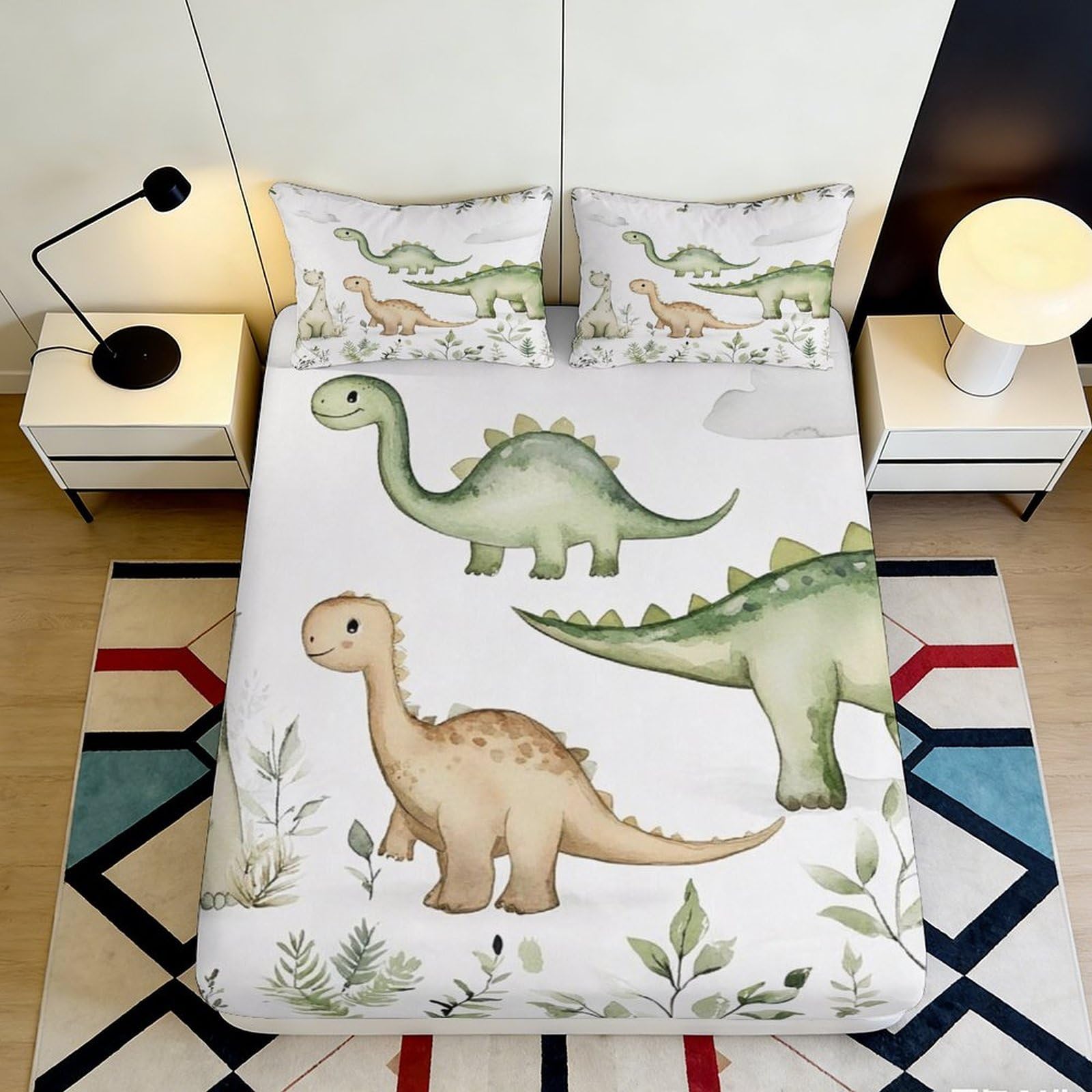 3D Printed Cartoon Dinosaur Fitted Sheet Microfiber Anti-Slip Forest Green Mattress Cover for Bedroom Guest Room Decor 120x200cm 200x200x25cm