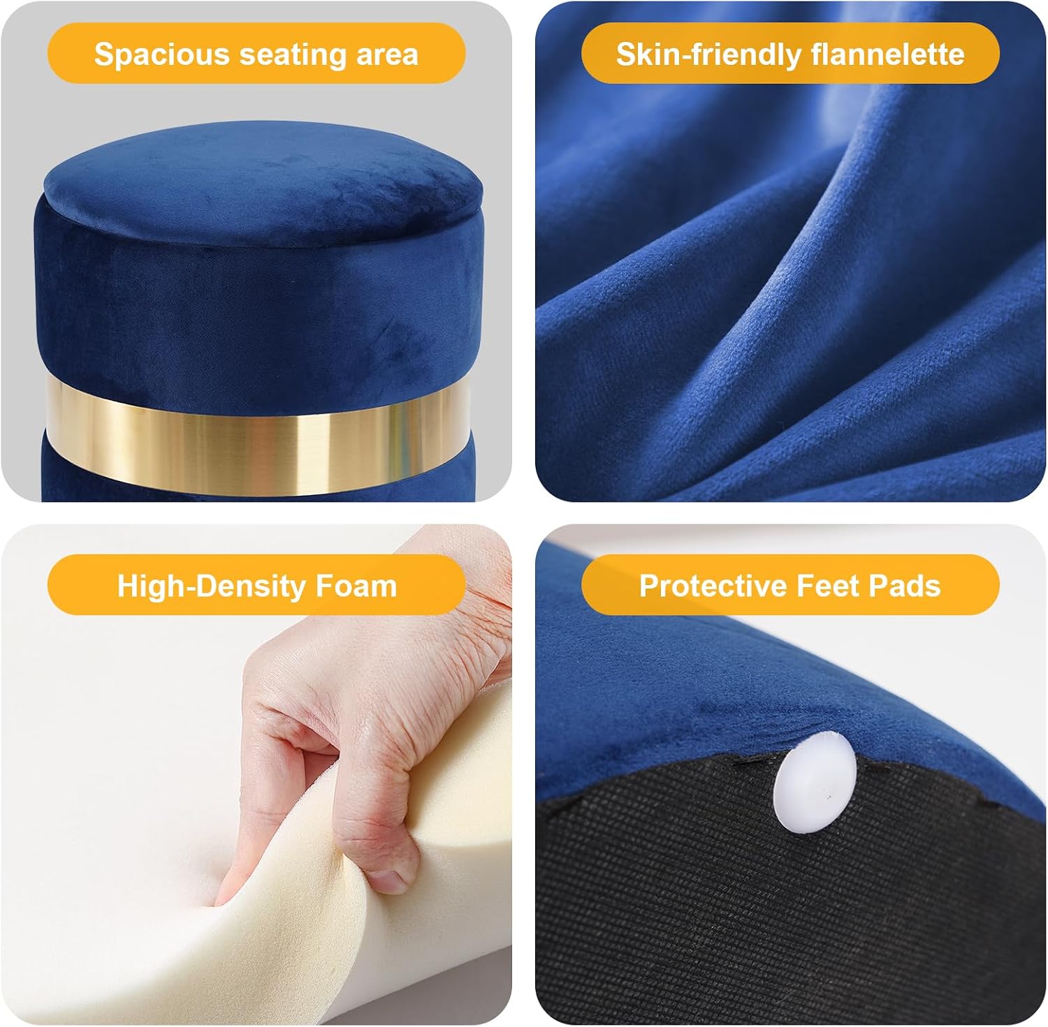 Round Velvet Storage Ottoman with Removable Lid Set of 2, Upholstered Footrest Stool with Gold Metal Hoop, Side Table Seat for Living Room, Makeup Vanity Stool for Bedroom (Middle-Band-Blue)
