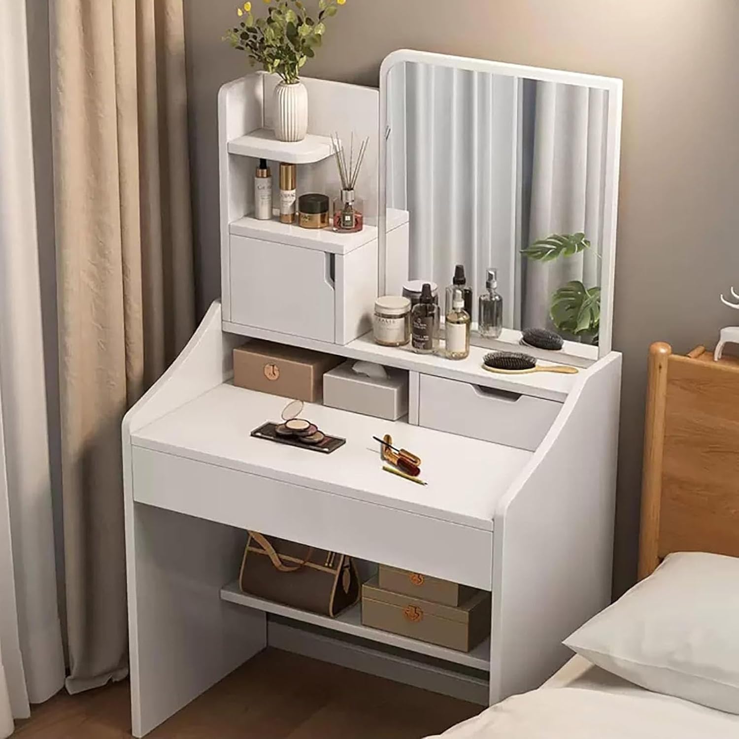 Dressing Table with Adjustable Lighted Mirror, Vanity Makeup Table with