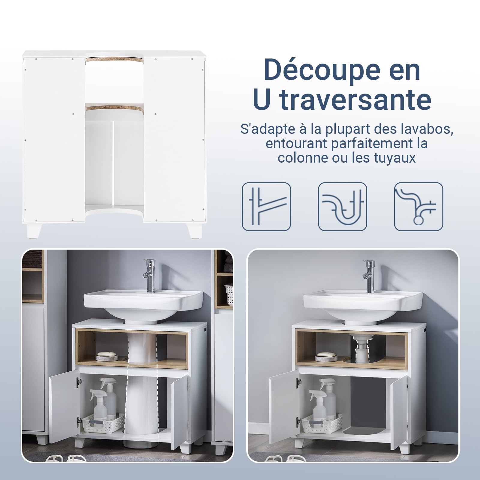 SoBuy Meuble sous Lavabo Salle de Bain Meuble Vasque Armoire de Rangement avec 2 Compartiments et Porte, Design Bois-Blanc, pour Petit Espace et Ensemble Meubles Salle de Bain 60x30x61 cm BZR148-W