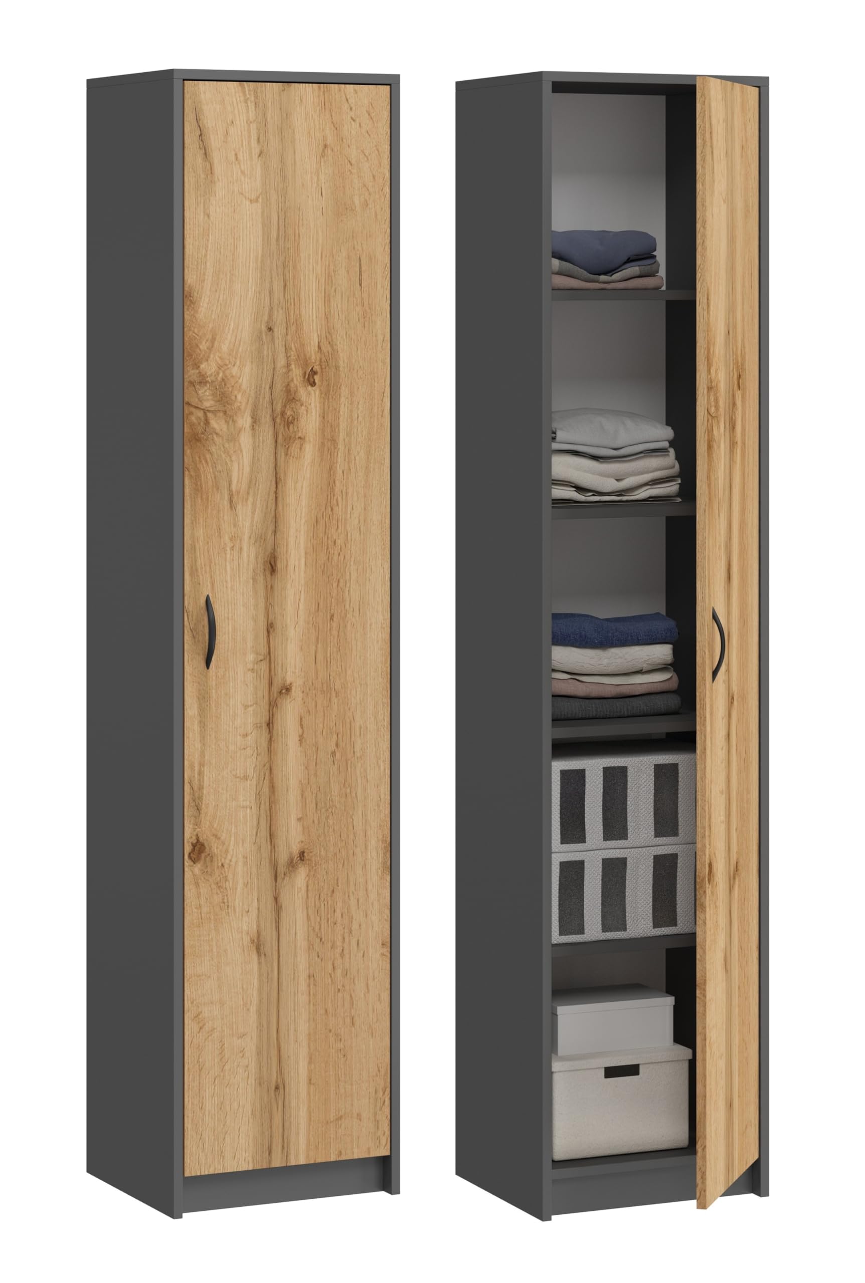 Büroschrank Aktenschrank Kleiderschrank Mehrzweckschrank Büroregal mit 1 Tür und 5 Fächern Universeller Schrank für Büro und Zuhause 180x40x35 cm (Grafit/Eiche Wotan)