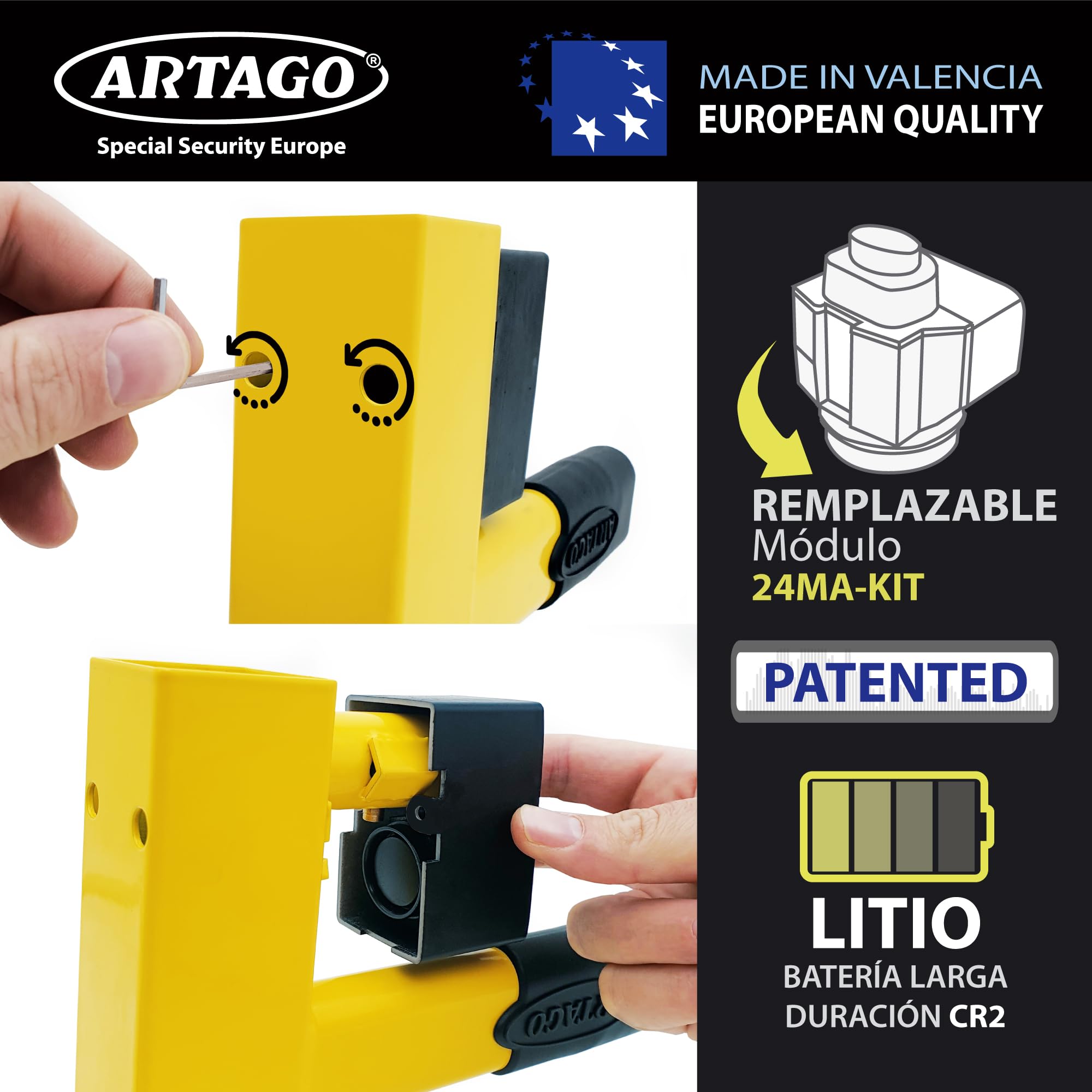ARTAGO ART872 El Cepo Rueda Más Seguro y Disuasorio, Antirrobo Coche Remolque Caravana 2en1, Sin o Con Alarma 120db+LED Alerta Visible Noche, Doble Protección Antióxido Más Resistente, Universal