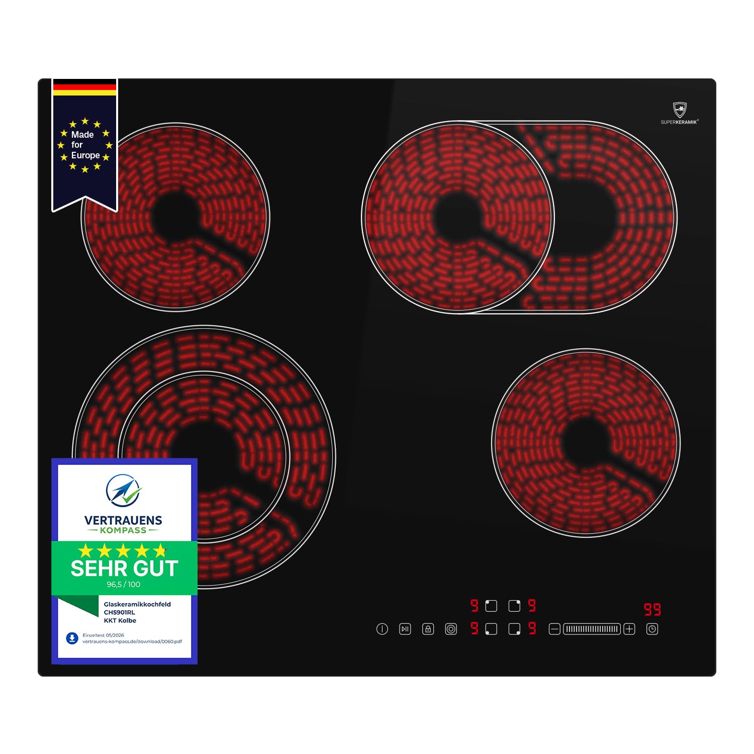 KKT KOLBE | Kochfeld Autark Glaskeramik 60 cm | 6,6 kW | 4 Zonen | 9 Stufen | Bräterzone | Dualkochzone | Rahmenlos | Touch Slider | Abschalt-Timer | CH5901RL