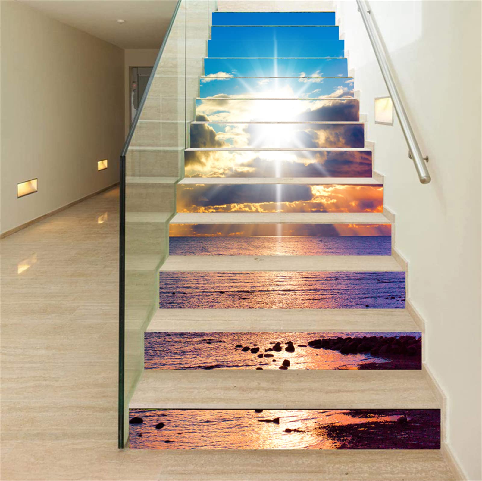 FLFK 15pcs Stair Risers Stickers Peel and Stick - Magnifique lever de soleil sur la mer Autocollants pour escaliers Décalcomanies pour marches d'escaliers Décoration intérieure 39.37 "x7.09"