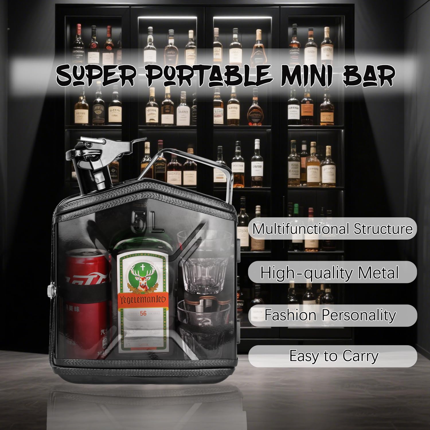 Zhoxod 5L Jerry Can Mini Bar?Handcrafted Pure Metal - Ideal for Outdoor Gatherings & Gift - with Rational Interior Layout (Black)
