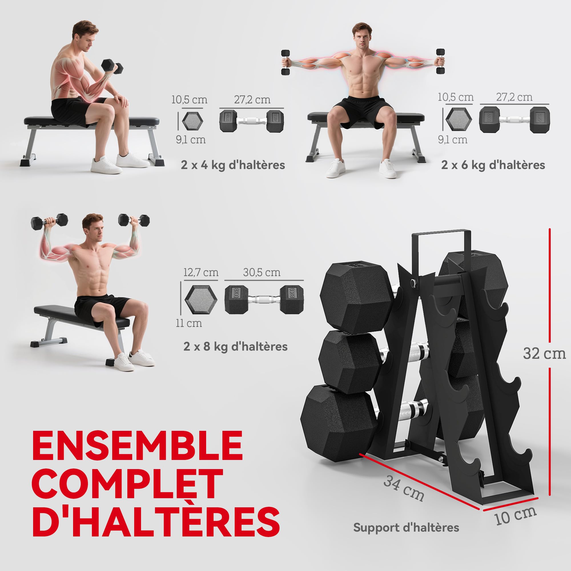 SPORTNOW Ensemble d'Haltères Hexagonaux avec Support, Haltères Revêtus de Caoutchouc, Poignées Antidérapantes en Chrome, Compact pour Salle de Sport à Domicile, 2 x 4 kg, 2 x 6 kg, 2 x 8 kg