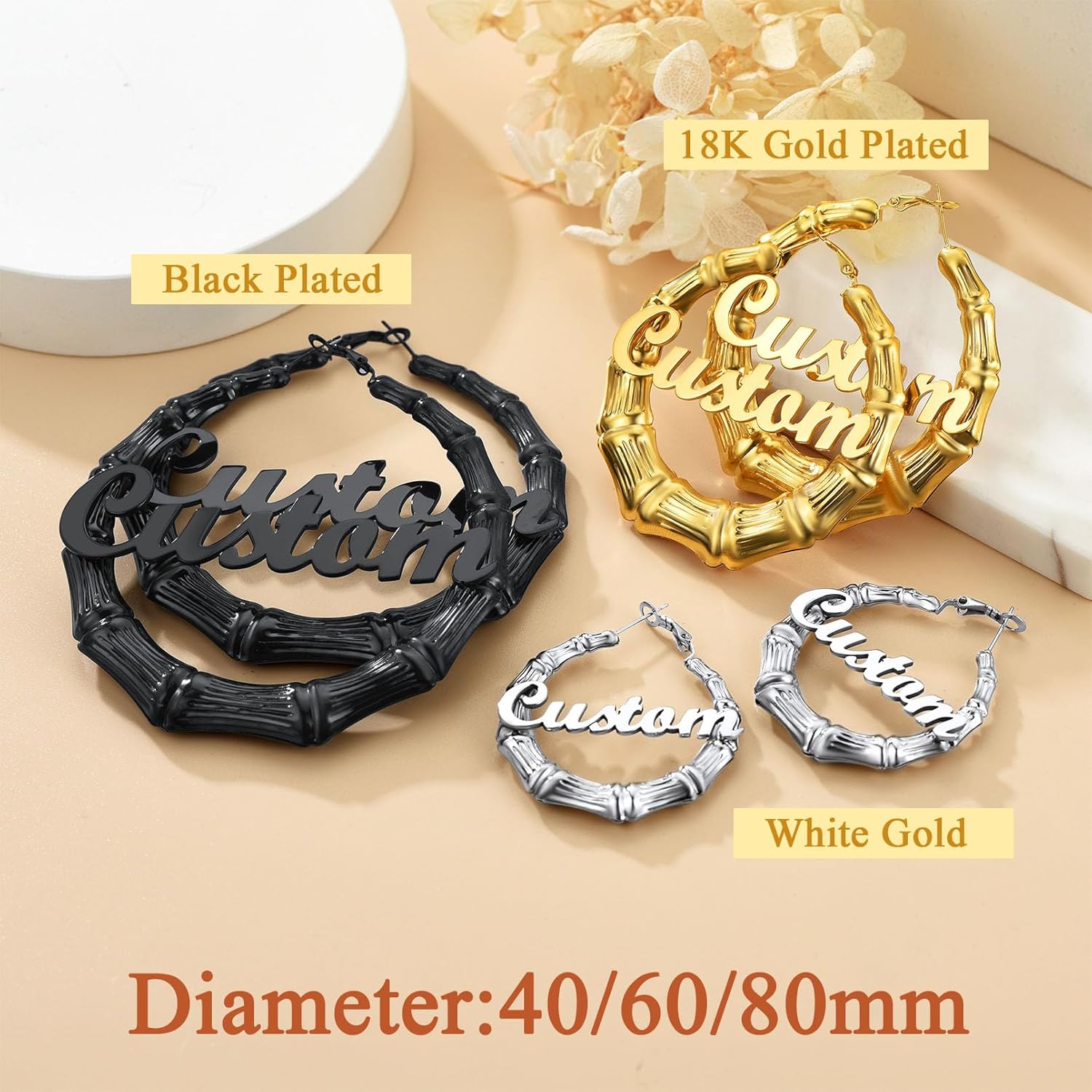 Custom4U Bamboo Hoop Earrings for Women Gold/Silver/Black Large Name Earrings Personalized - Hypoallergenic Lightweight Big Thick Hoops 30/40/50/60/70/80mm - Custom Made Birthday Christmas Gifts