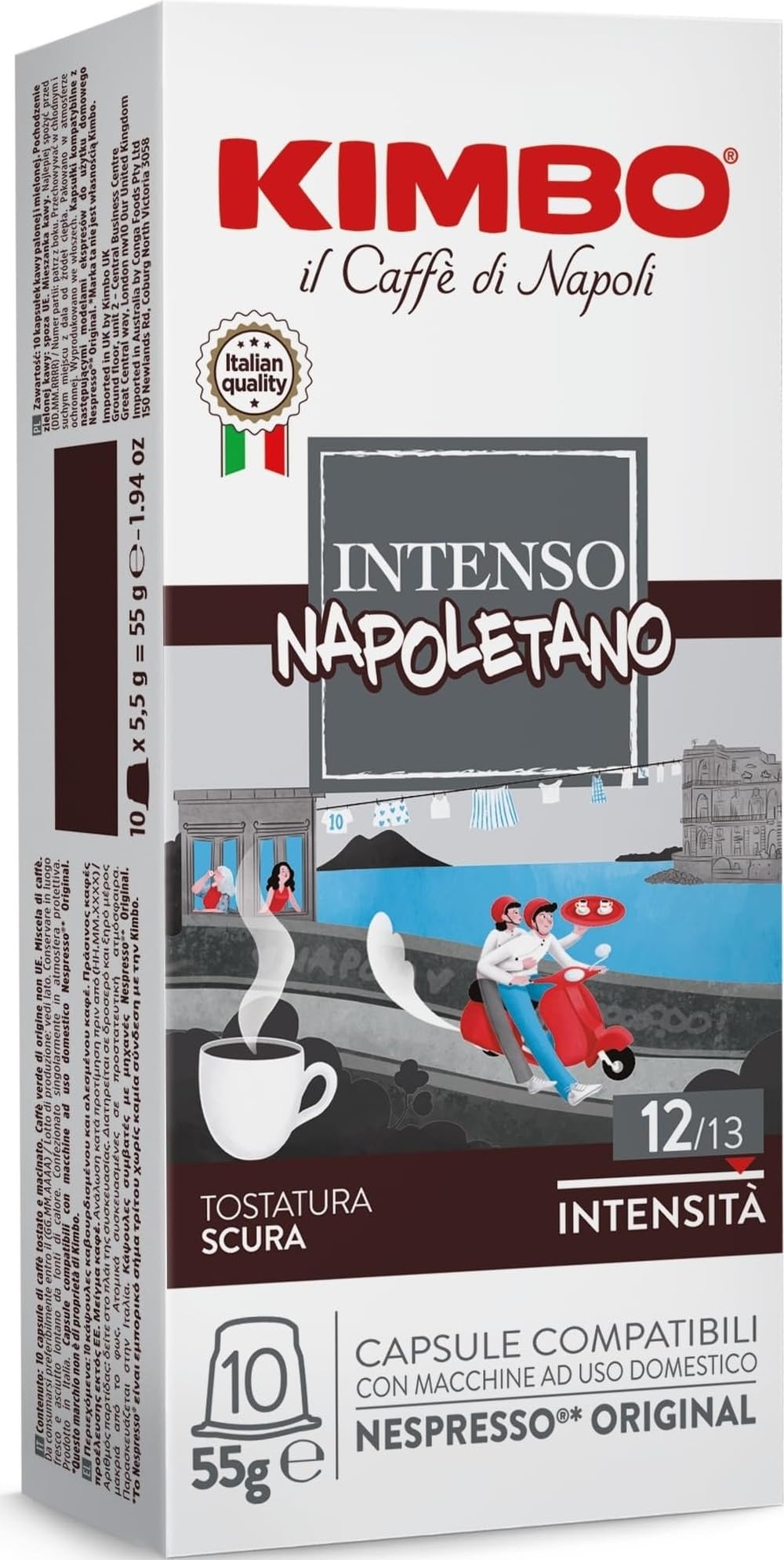 Kimbo 500 Kapseln Kompatibel Nespresso Original Intenso Napoletano | Intensität 12/13, Dunkle Röstung, Noten von dunkler Schokolade und Gewürzen, 50 Packungen à 10 Kapseln
