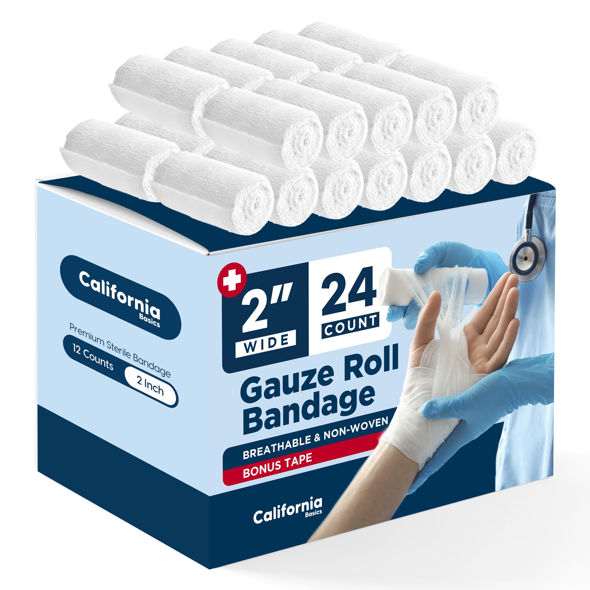 California Basics 24-Pack Gauze Bandage Roll with Tape, 4 Inches x 4 Yards - Soft, Stretchable & Breathable Wrap for Wound Care, First Aid & Medical Supplies - White — Amazon image 13