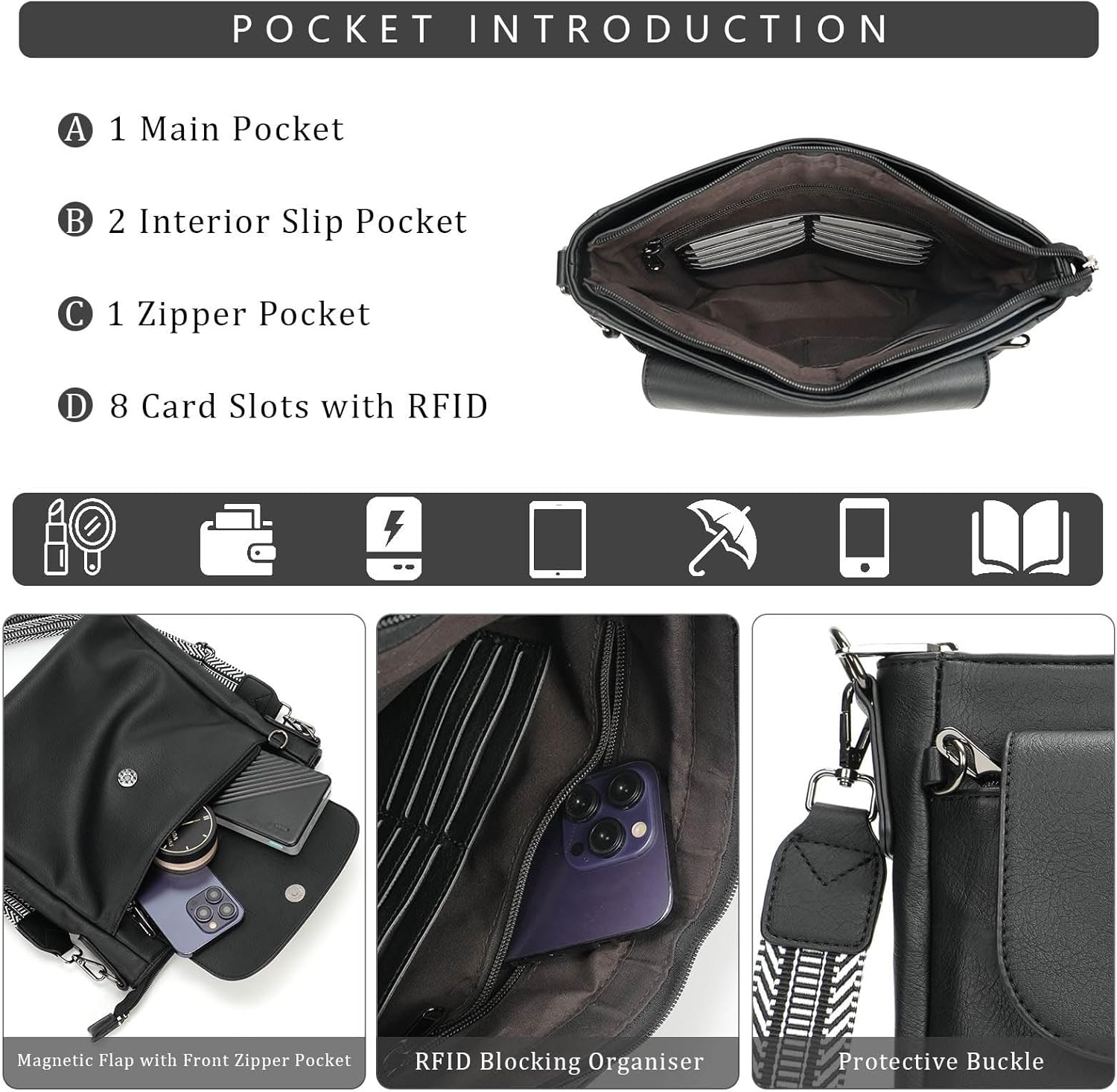 Anti Theft Crossbody Bags for Women, Travel Purses with Adjustable Strap Leather Shoulder Bag Handbag