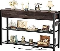 Vista 15 de Ecoprsio Mesa de entrada con salidas y puertos USB, mesa consola con 2 cajones, mesa de sofá pequeña con estantes de almacenamiento para sala