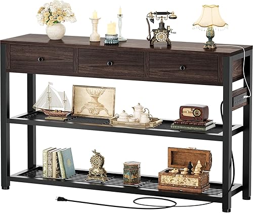 Miniatura 14 de Ecoprsio Mesa de entrada de 47 pulgadas con salidas y puertos USB, mesa consola con 3 cajones, mesa de sofá estrecha larga con estantes de Marrón