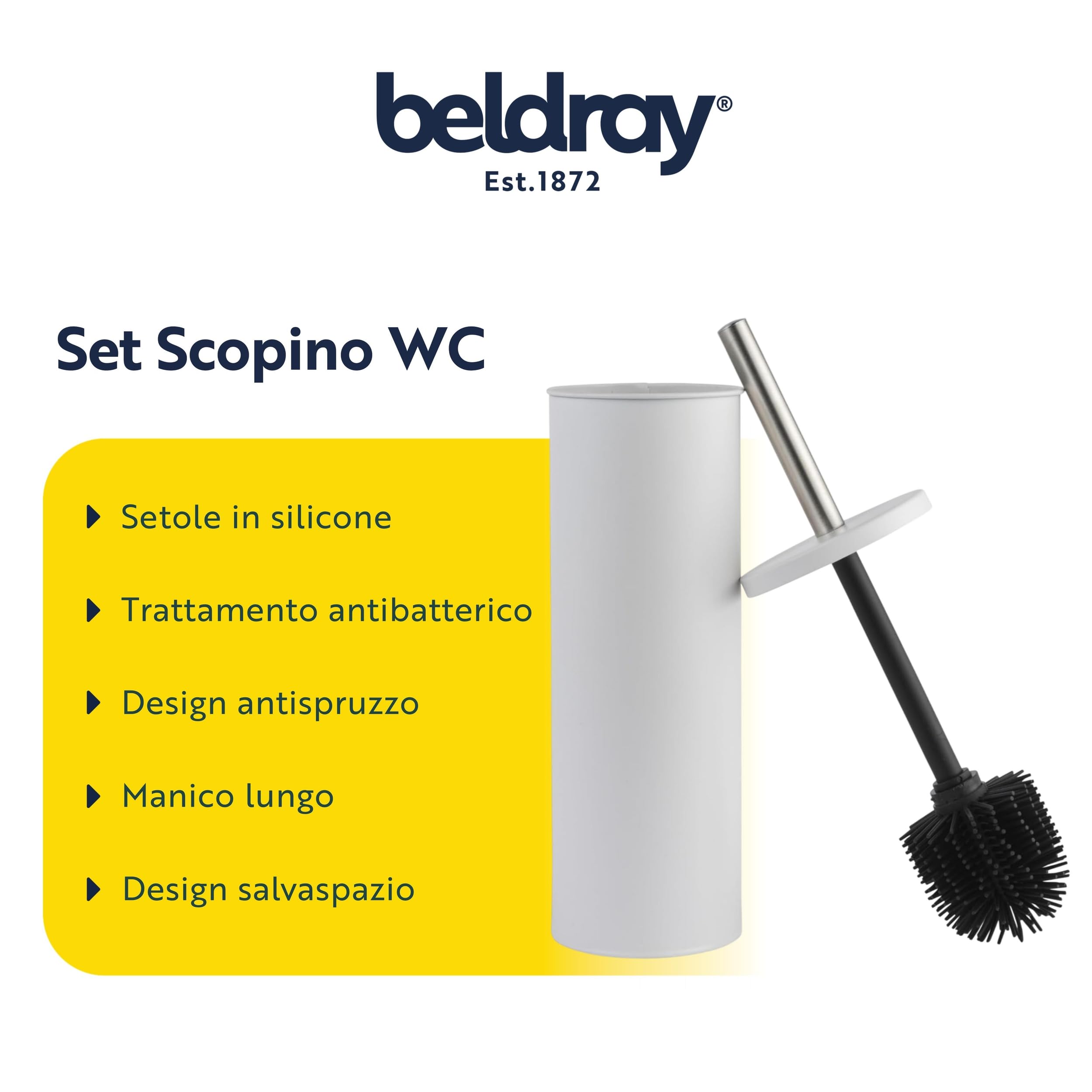 Beldray Scopino e portascopino per WC, trattamento antibatterico, setole in silicone antigraffio, a prova di spruzzi, design discreto, manico lungo, testina igienica facile da pulire, resistente alle