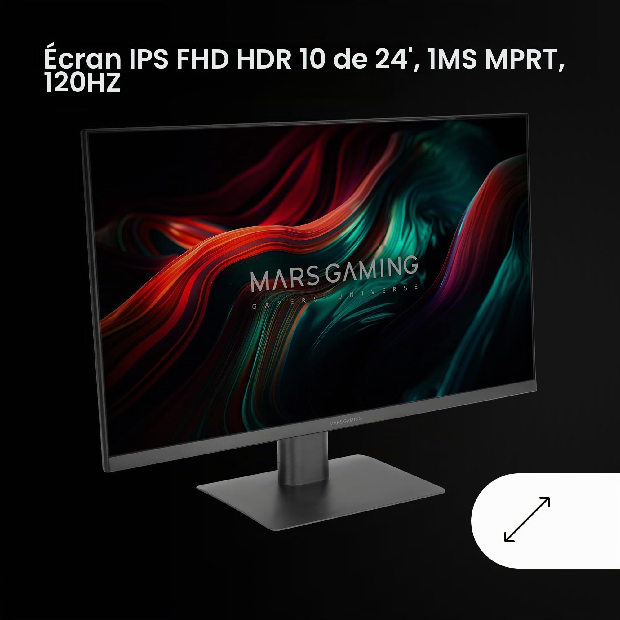 Mars Gaming MV-24, Moniteur 24" IPS FHD 120Hz, HDR10 1ms, FreeSync et G-Sync, Écran PC Enceintes Intégrés, Inclinaison 25°, Low Blue Light et Flicker Free, HDMI + DisplayPort + Jack 3.5mm, Noir