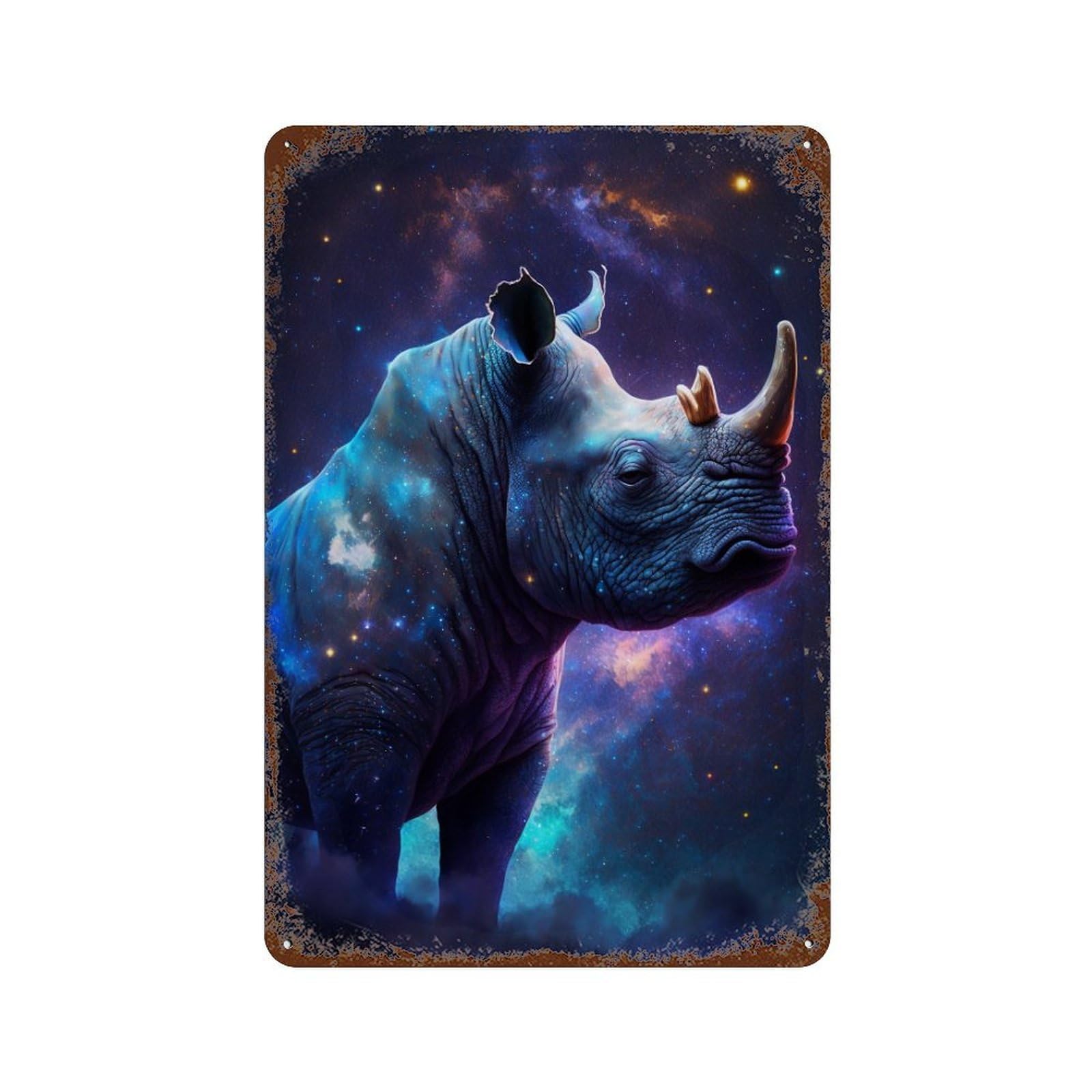 Decorative Tin Sign with Galactic Rhino Profile Design 11.8"x7.9", for Farmhouse, Kitchen And Entryway Decor, Decorative Metal Wall Art