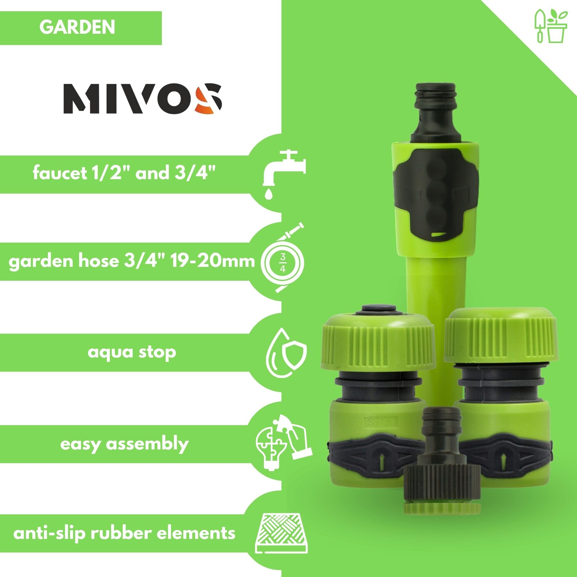 MIVOS Podstawowe wyposażenie z elementami łączącymi węża 3/4" (20 mm) - 4 sztuki - Zestaw nawadniania z dyszą natryskową - 2 x złącze węża - zestaw startowy do podlewania