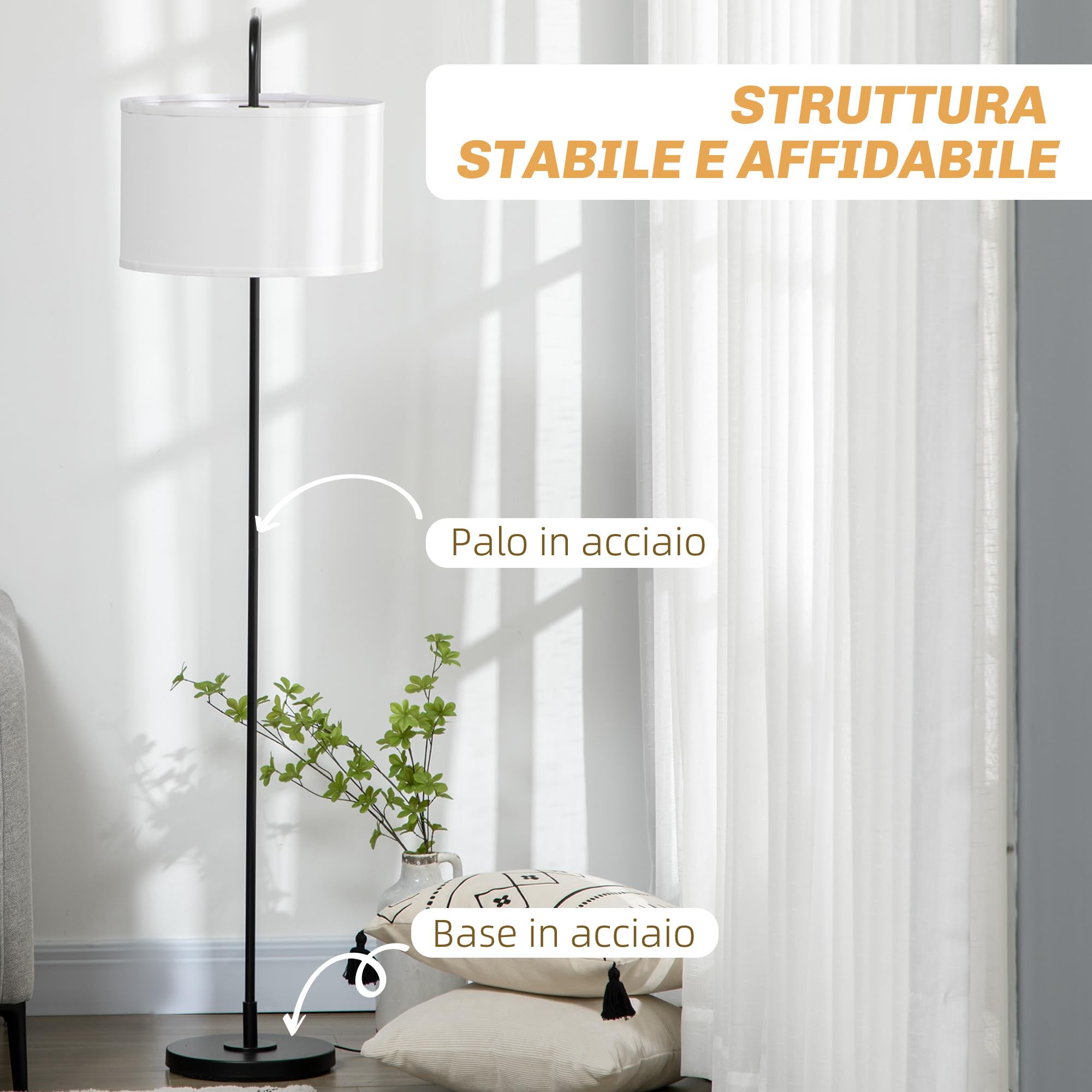 HOMCOM Lampada da Terra Arcuata con Interruttore a Pedale e Paralume in Tessuto Effetto Lino, Piantana Lampada da Terra in Acciaio, 64x38x163.5 cm, Bianca e Nera