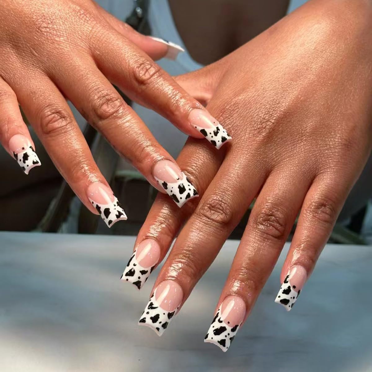 24Pcs Fall Cow Leopard Print French Press on Nails Medium Length Square ZIFANHU Fake Nails Press ons Pink Acrylic Nail Kit False Nails Winter Stick on Nail Artificial Gel Glue on Nails for Women