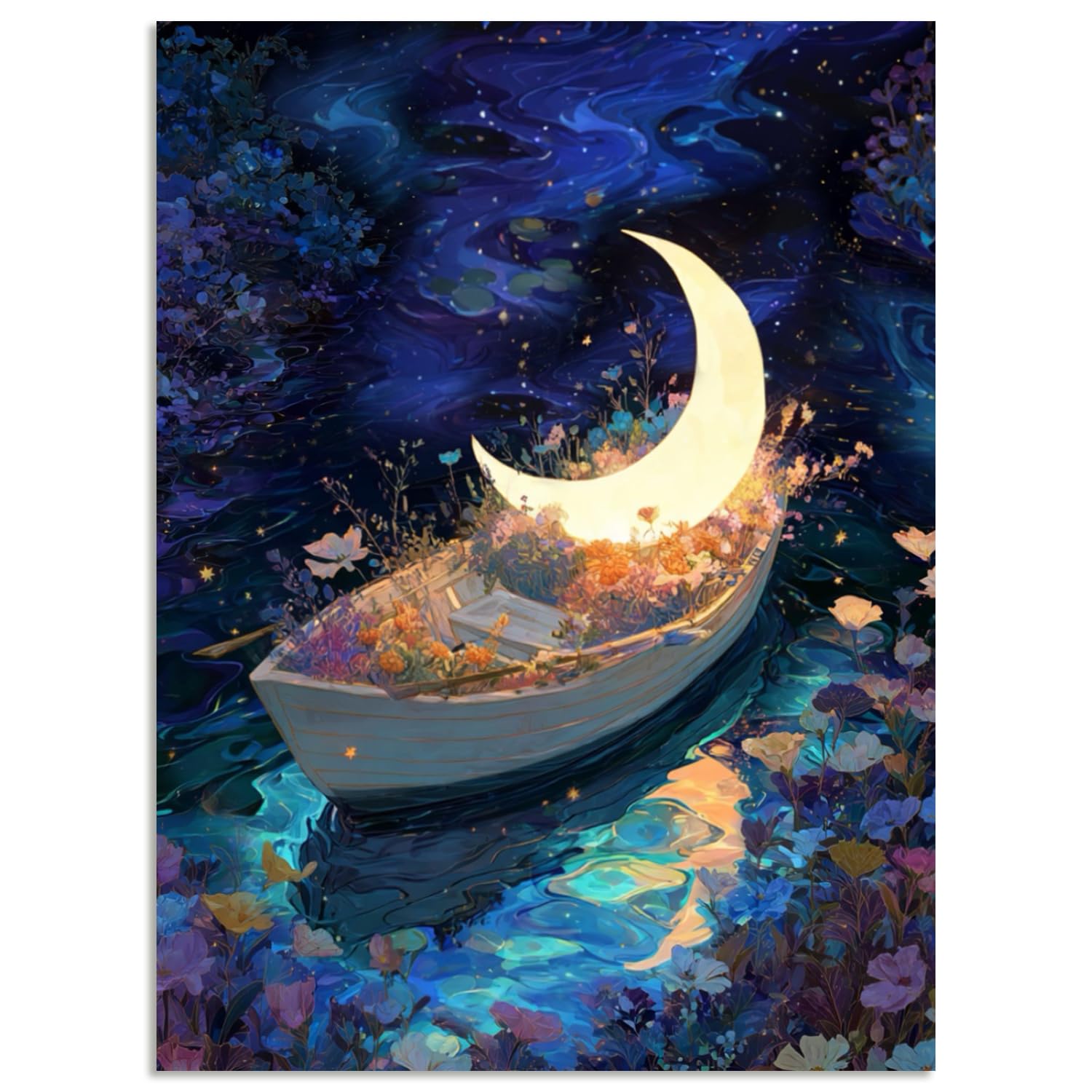 Fokenzary Paint by Numbers kit for Adults DIY Moon and Boat Canvas for Adults and Beginners Includes Brushes and Acrylic Paints No Frame(40x50cm)