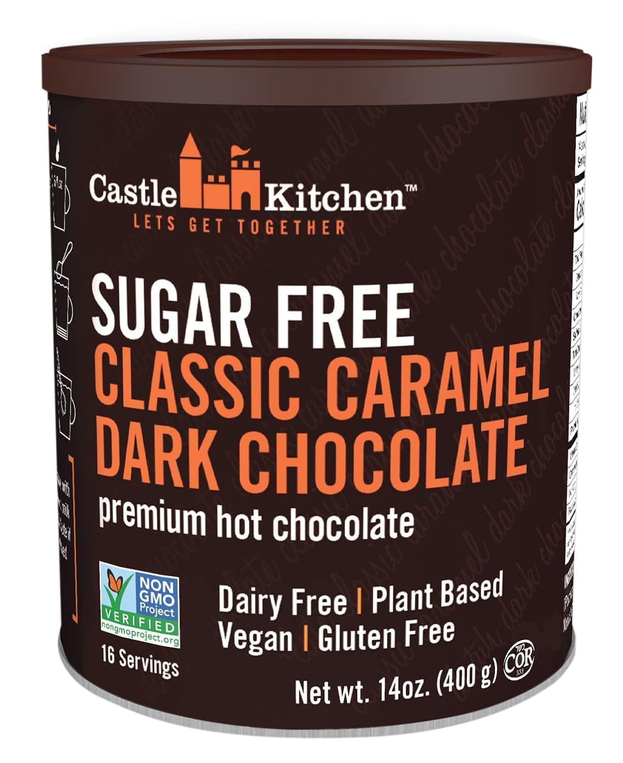Castle Kitchen Sugar Free Caramel Dark Hot Chocolate - Premium Plant Based, Dairy Free, Gluten-Free, Vegan Hot Coca Mix - Just Add Water - 14 oz Can