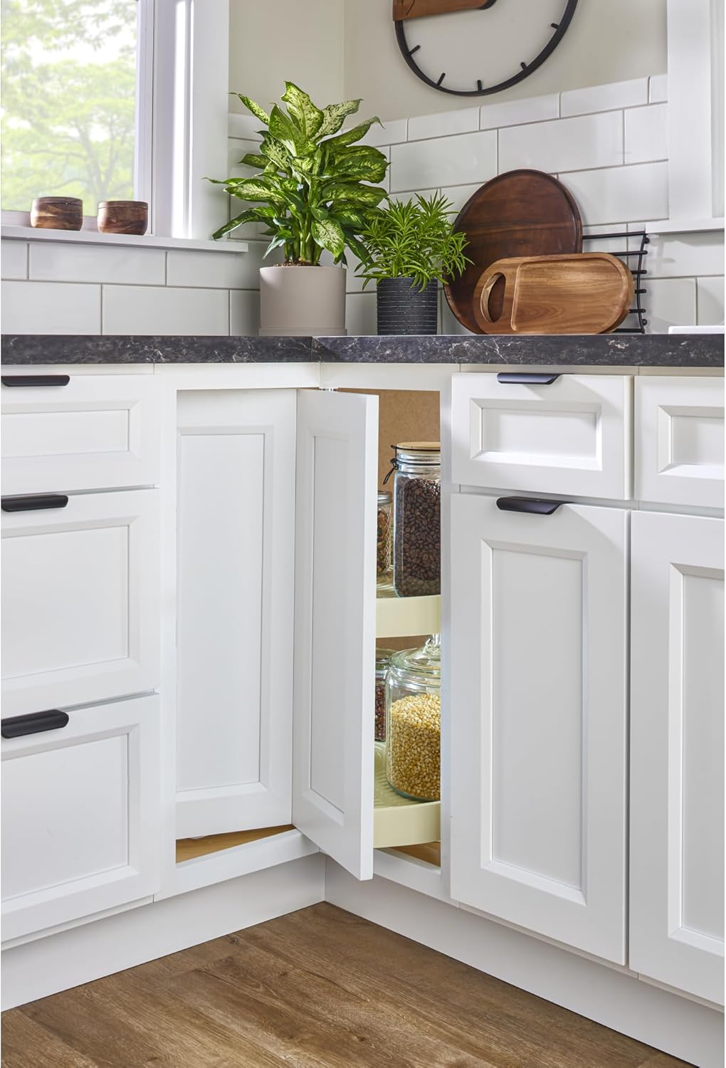 Rev-A-Shelf 24" Dual Tier Pie-Cut Lazy Susan Organizer for Base Corner Kitchen Cabinets, Two Plastic Home Storage Shelves, Almond, LD-2942-24-15-1