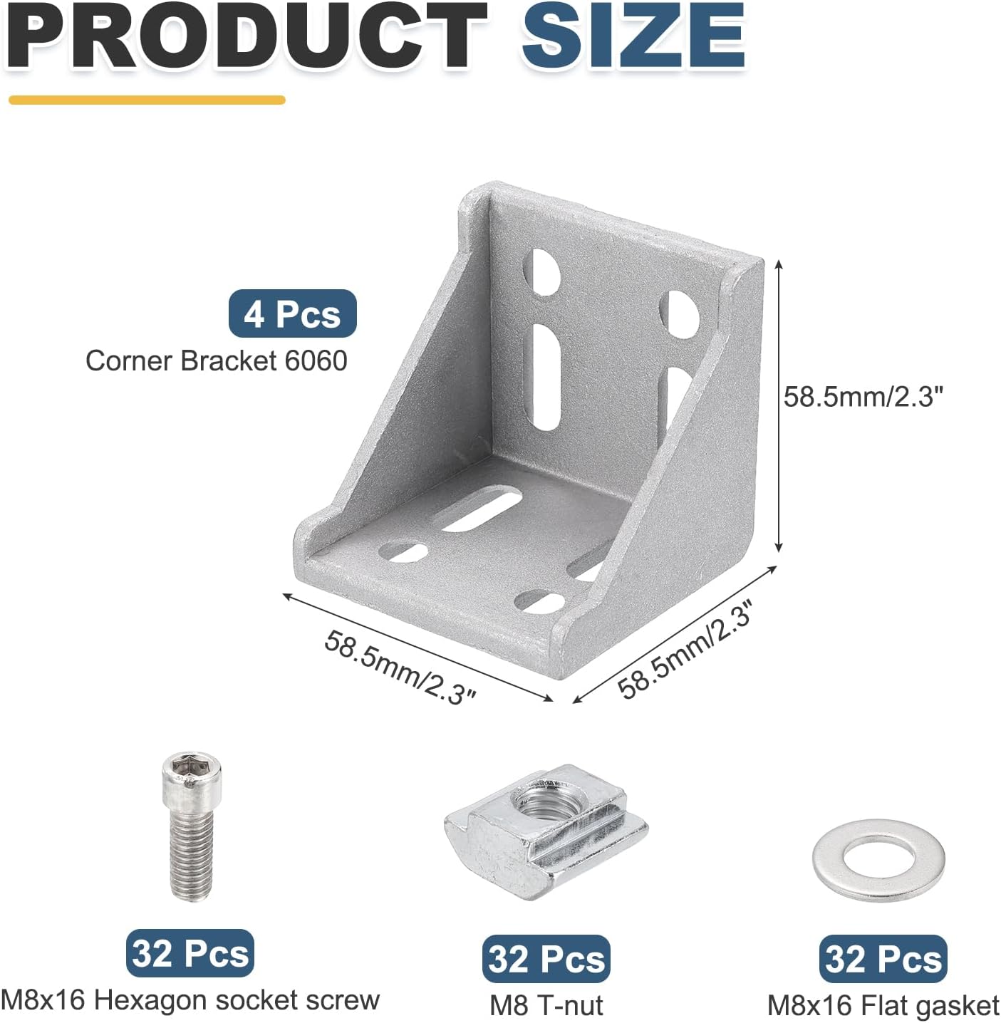 MECCANIXITY 4 Pcs 6060 Series Aluminum Extrusion Profile Connector, Corner Brackets Extruded Hardware with 32pcs M8 Slider nut and M8x16 Hexagon Socket Screw and M8x16 Flat Gasket