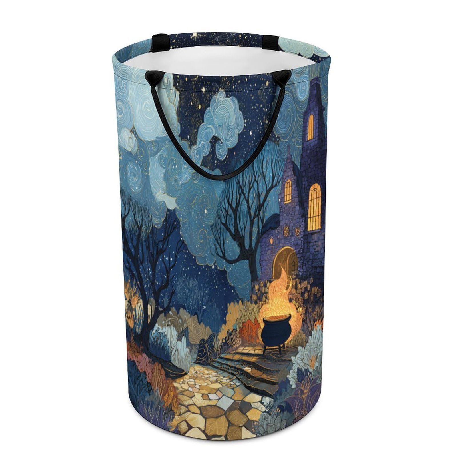 LUYYSKY Classic Anime Spooky House Versatile Storage Laundry Basket, Beautiful Retro Halloween Starry Sky Enchanted Forest Fantasy Castle Large Capacity Bathroom Hamper With Handle