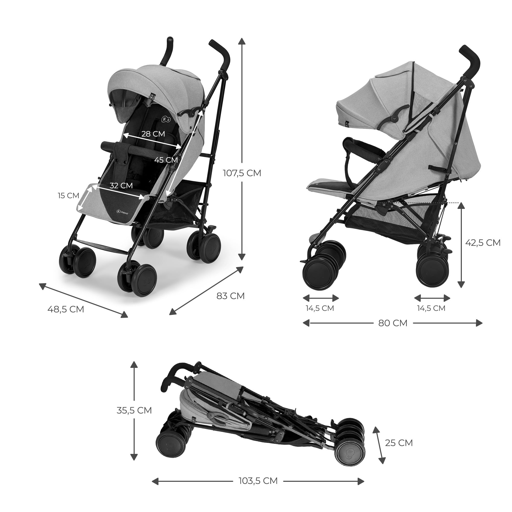kk Kinderkraft Passeggino Leggero SIESTA, Pieghevole Veloce Compatto, Schienale reclinabile, Barra di sicurezza, Posizione Nanna, Accessori, fino a 22 kg, Grigio