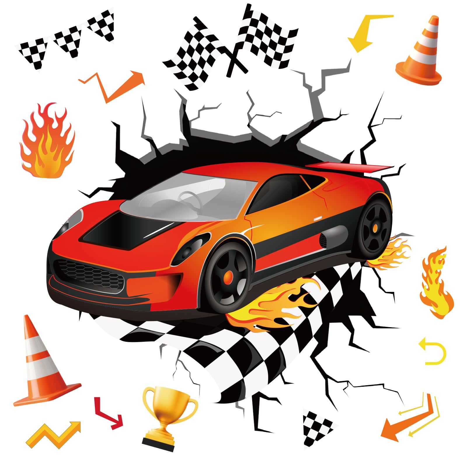 beinkmake 3D Racing Cars Wall Decals Fast Red Car Break Through The Wall Stickers Simulation Crack Hole Flags Flames Wall Decor Gifts for Boys Bedroom Nursery Living Room Apartment