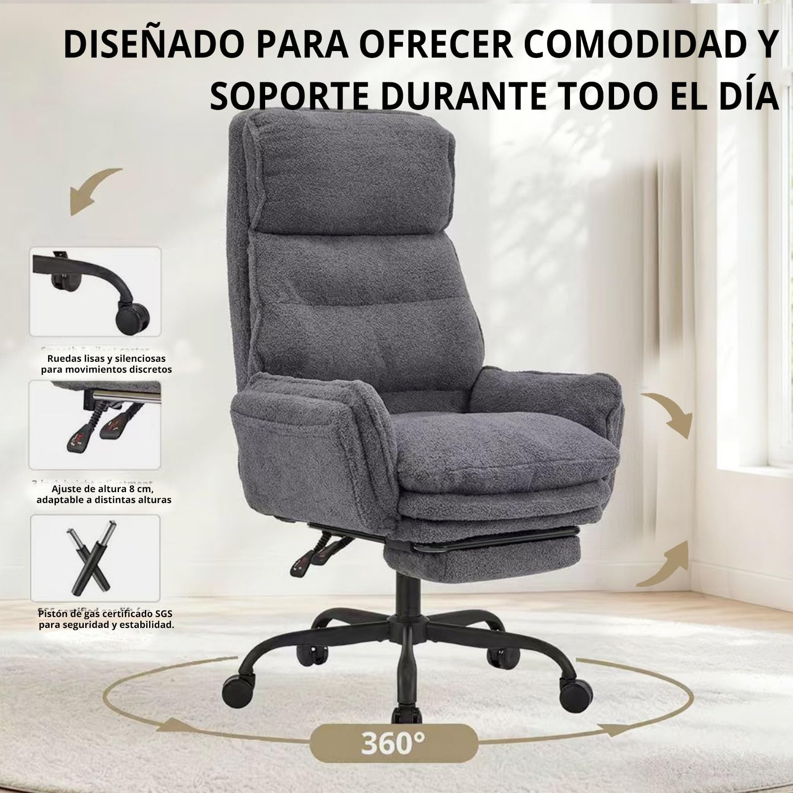 Silla Oficina con Respaldo Alto, Silla Escritorio para Trabajar Largas Horas, Tela de Peluche, Silla Oficina Ergonomica con Reposabrazos Abatibles, Ejecutiva Silla Gaming con Reposapies, Gris