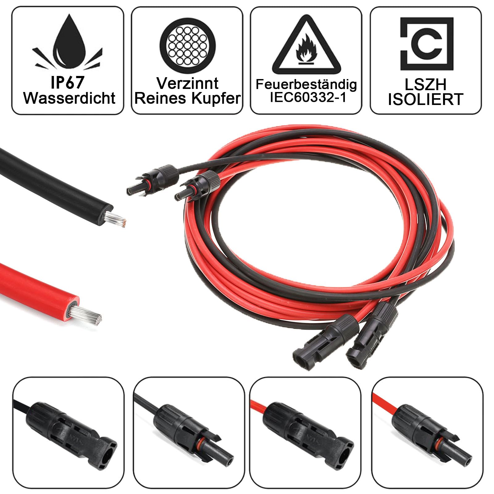 Kabel solarny 6 mm², kabel przedłużający z wtyczką solarną, adapter solarny, fotowoltaiczny kabel solarny czerwony + czarny, do elektrowni balkonowej, panelu słonecznego, RV (10 m kabel solarny 6 mm²)
