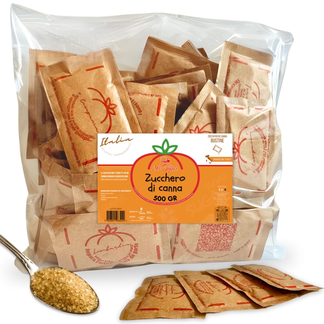 Azúcar y Refranes 20tipici - 100 Bolsas de Azúcar Moreno con Citas Italianas - Sobres Monodosis 500G - (500G/100 Bolsas, Azucar moreno)