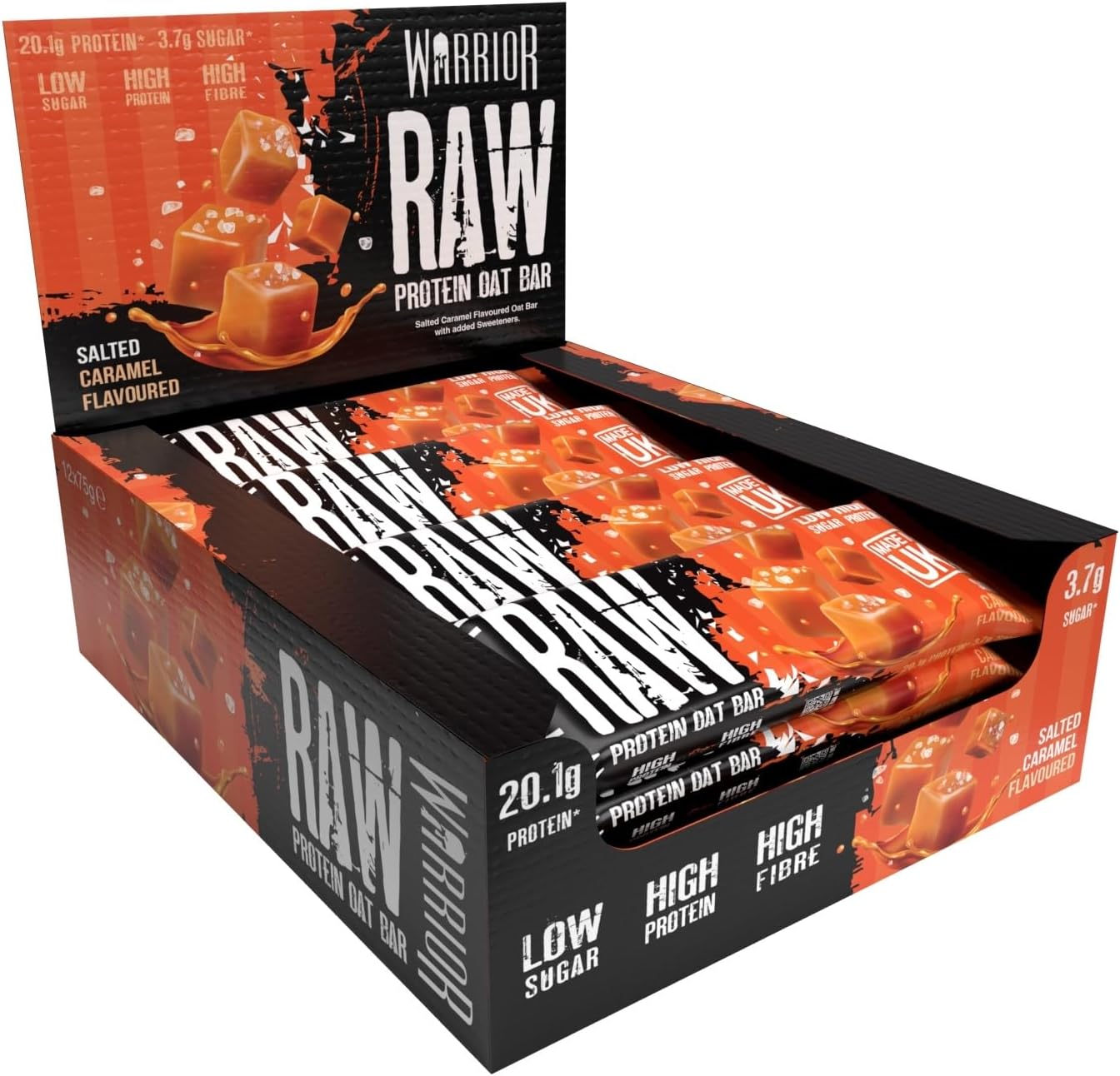 RAW Protein Bars 12 x 75g – 20g High Protein Bar, Low Sugar High Fibre Oat Protein Flapjack – Protein Snacks, Meal Replacement Bars (Salted Caramel)