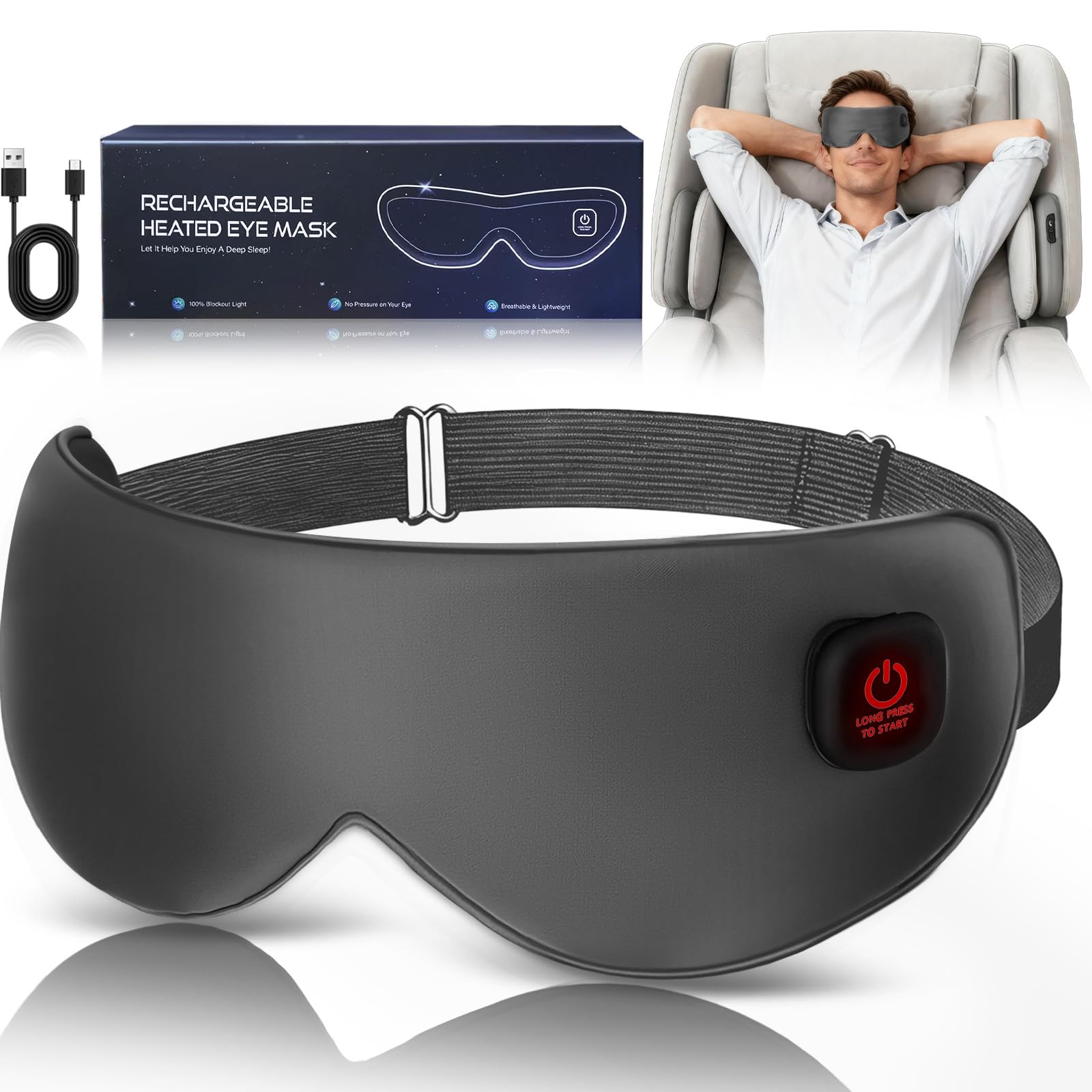 Cordless Heated Mask for Dry Eyes, Light Blocking Sleeping Mask, Warm Compresses Electric Heating Pad for Stye Treatment, Blepharitis, Sinus, Migraine - Gifts for Women and Men (Grey)